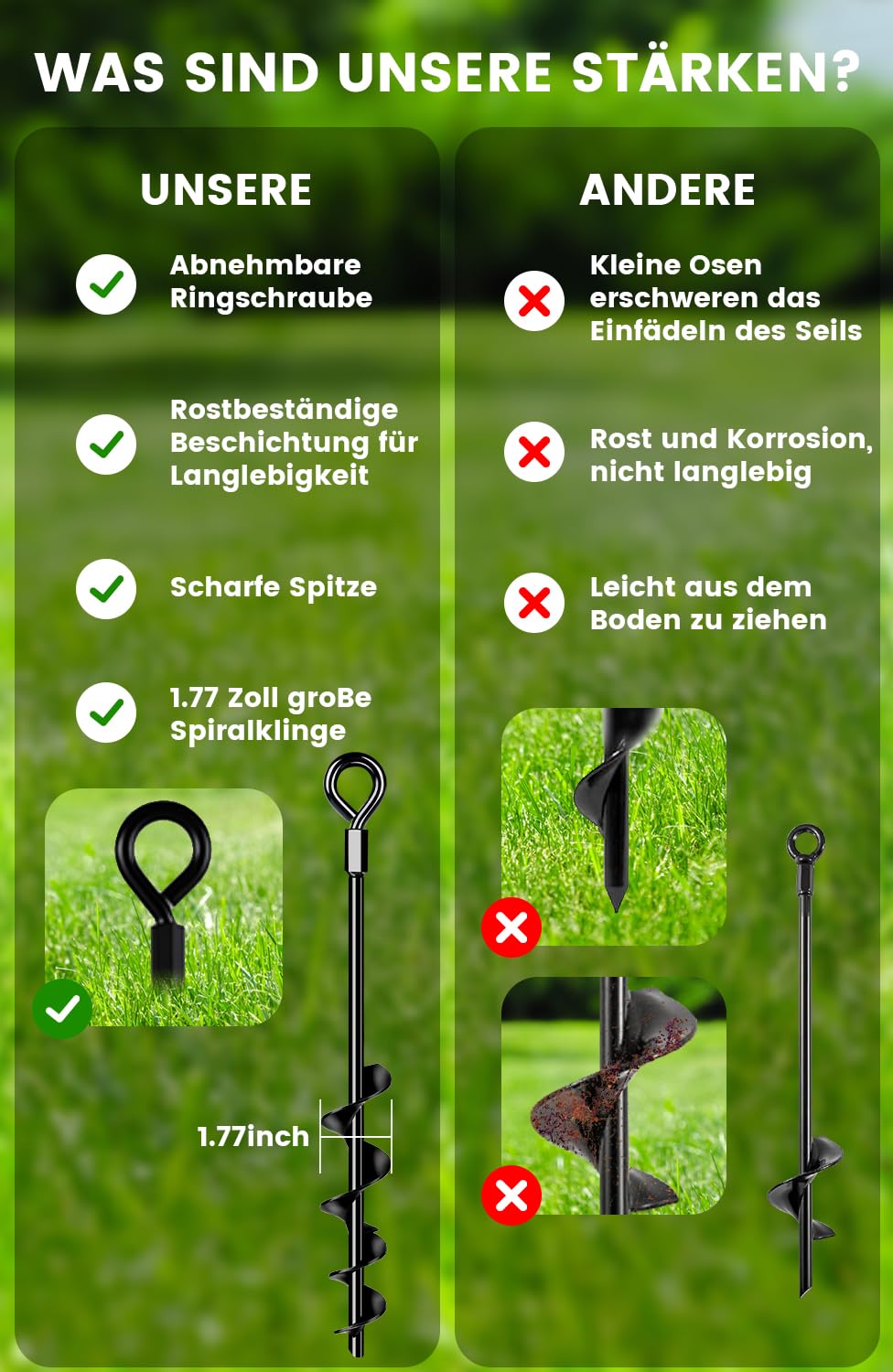Lot de 4 piquets d'ancrage au sol de 48 cm avec sangles résistantes, ancrages au sol à visser dans le sol pour tentes, balançoires, auvents, particulièrement stables et faciles à installer