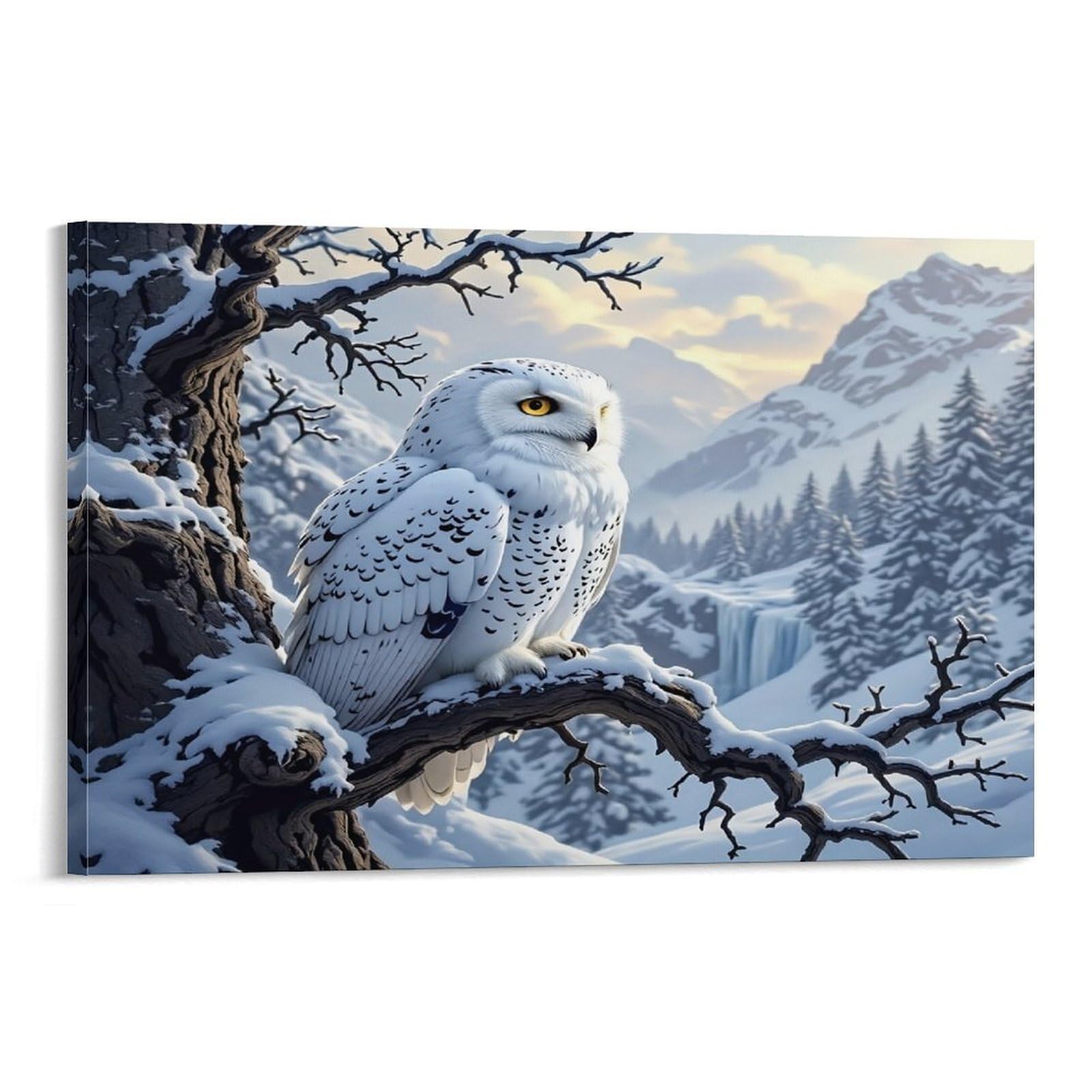 CPLVKWRQJ Snowy Owl Perched 1 Piece Snowy Owl Perched Frosty Mountain Branch Framed Canvas Print - Living Room Focal Point Fade Resistant Ready to Hang Wall Art 20x30inch(50x75cm)