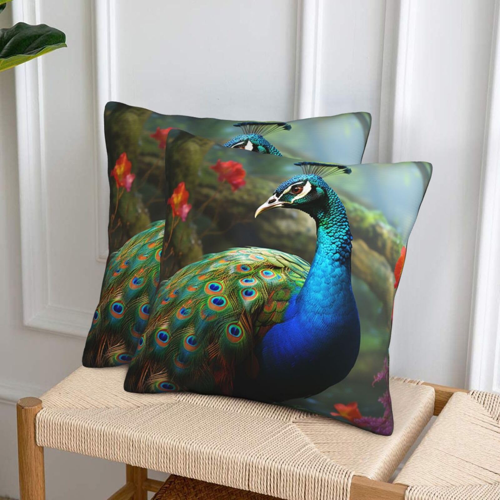 NONHAI Decorative Throw Pillow Covers Set of 2, 18"x18" Square Cushion Case Soft Comfy Colorful Peacock Throw Pillows for Couch Cushion Livingroom Farmhouse Home Decor Pillowcases