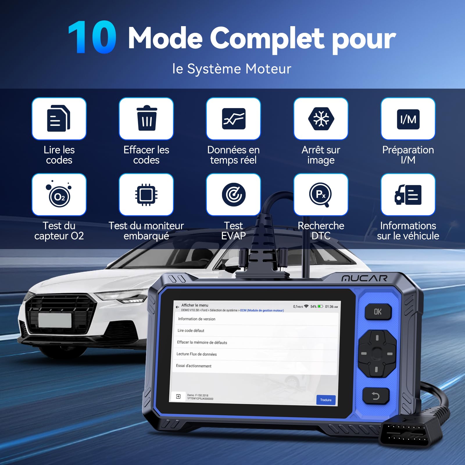 MUCAR 682 Diagnostic Intelligent par IA Valise Diagnostic Auto, Diagnostic Complet du Système, Tests Actifs Bidirectionnels, 20 Réinitialisations, Guide V.A.G, FCA AutoAuth, CANFD (MUCAR 682-FR)