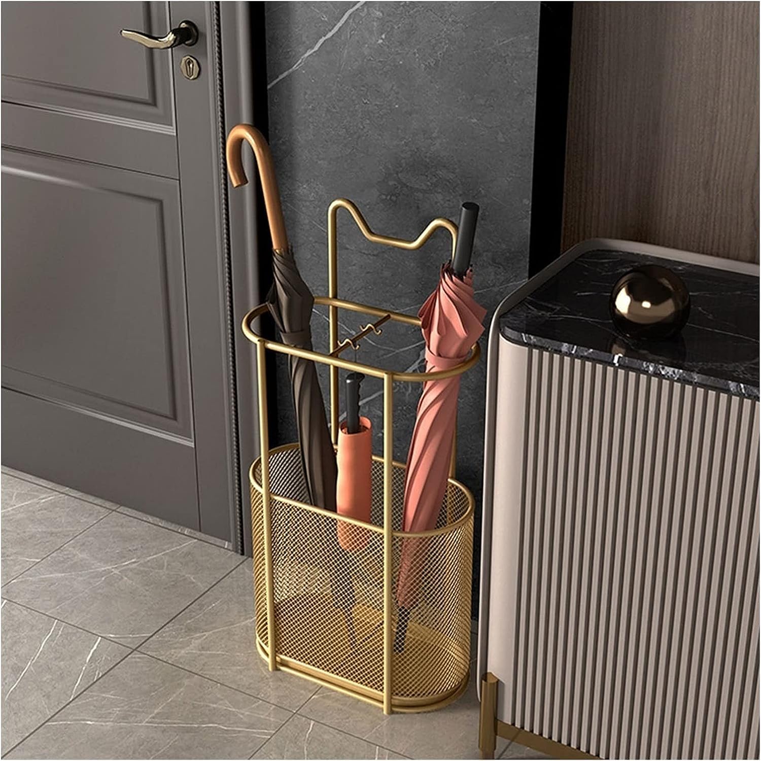 GHHVFEC Elegant Black Indoor Umbrella Stand - Stylish Family Entrance Hall Decor, Cane Holder for Entryway, Gold Accents, Space-Saving Design for Home nization
