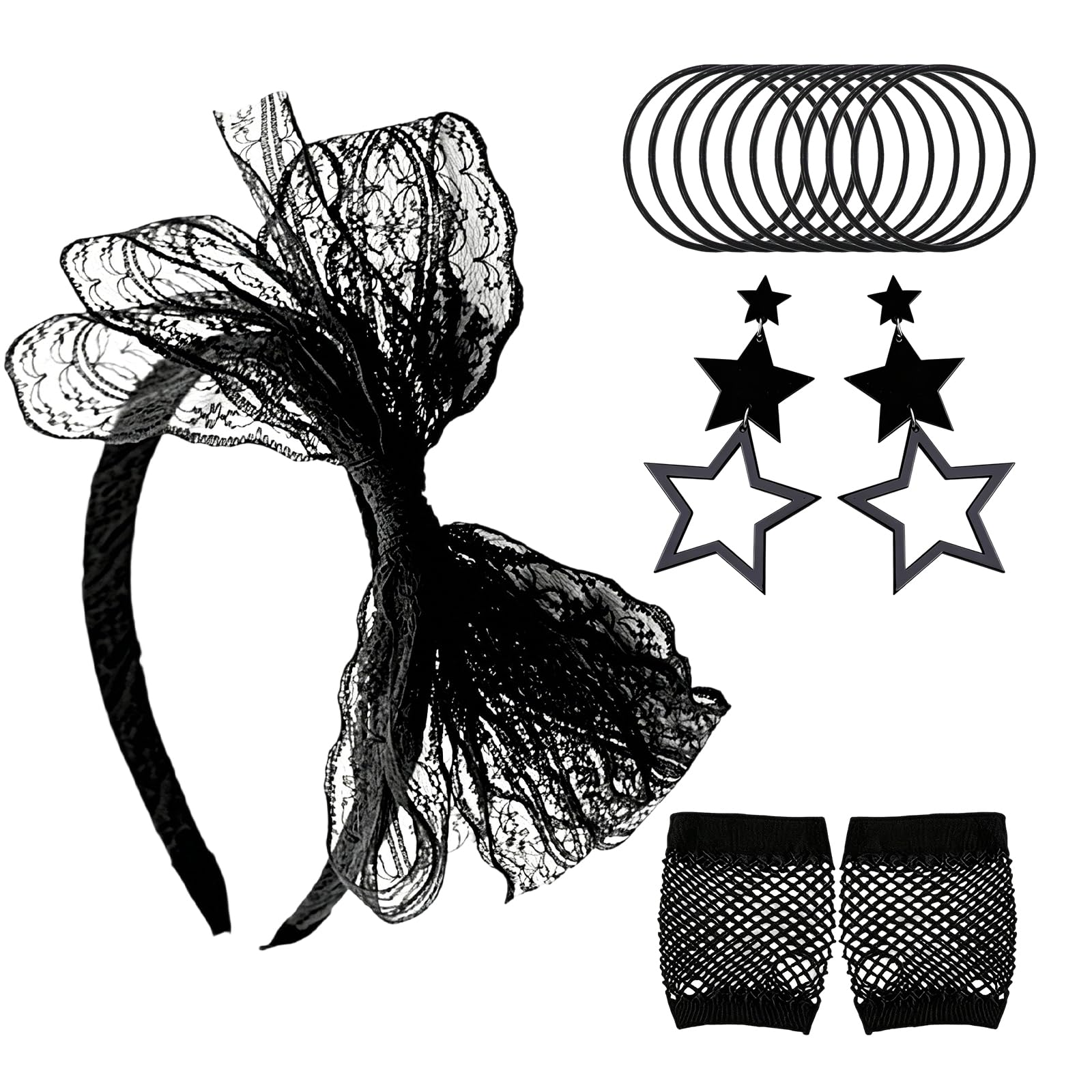 Daxiangsheng 80s Accessories Party Costume Set for Women, Black 4Pcs