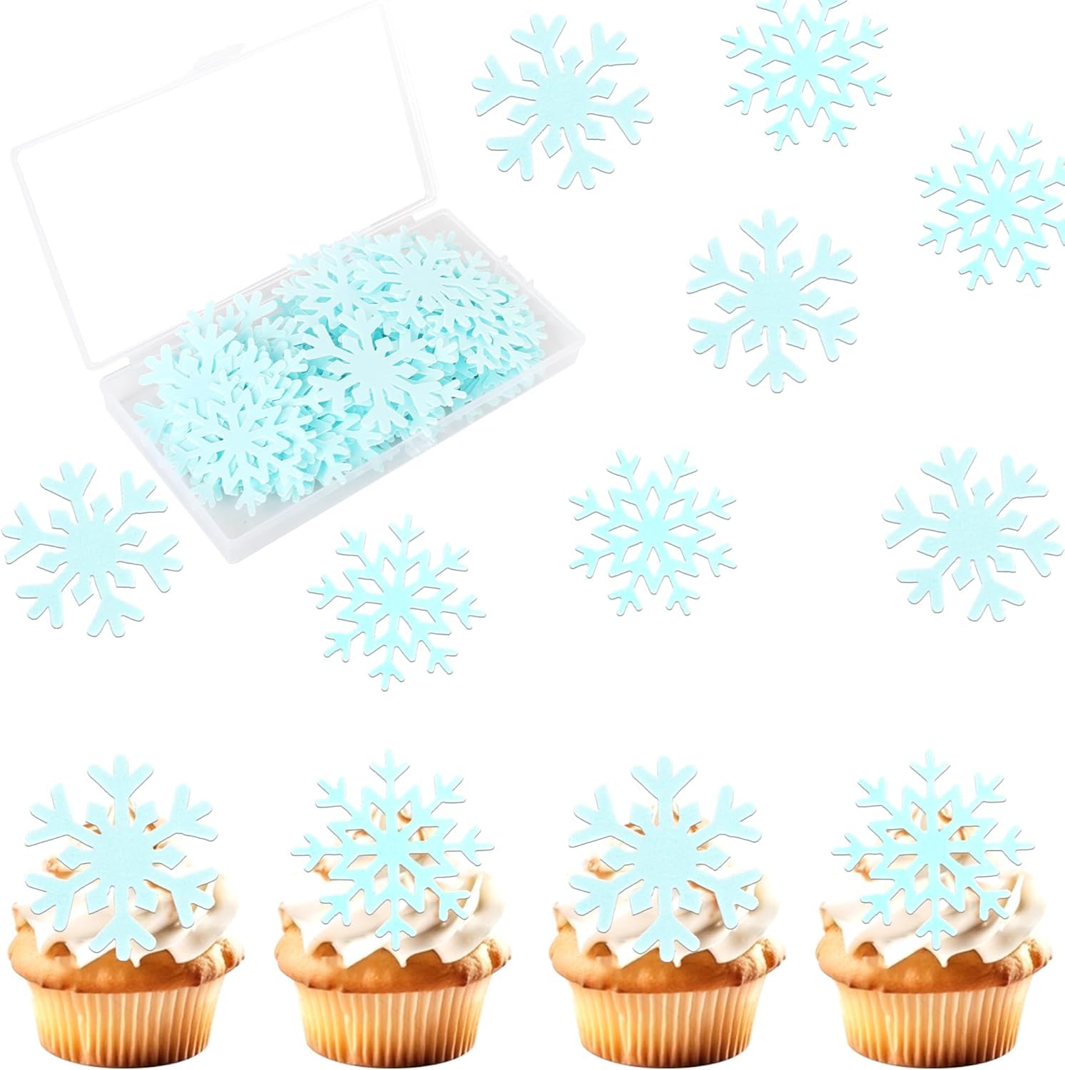 SYKYCTCY 50 Pack Edible Snowfalke Cupcake Toppers Winter Frozen Snowflake Cake Picks Decorations For Snowflake Theme Winter Wonderland Baby Shower Birthday Christmas Party Supplies Blue