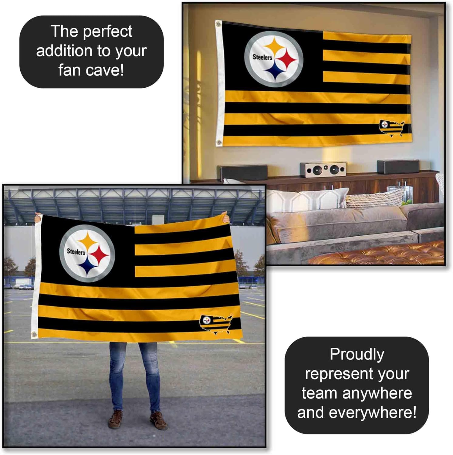 Pittsburgh Steelers USA American Nation Stripes 3x5 Grommet Flag - Image 5
