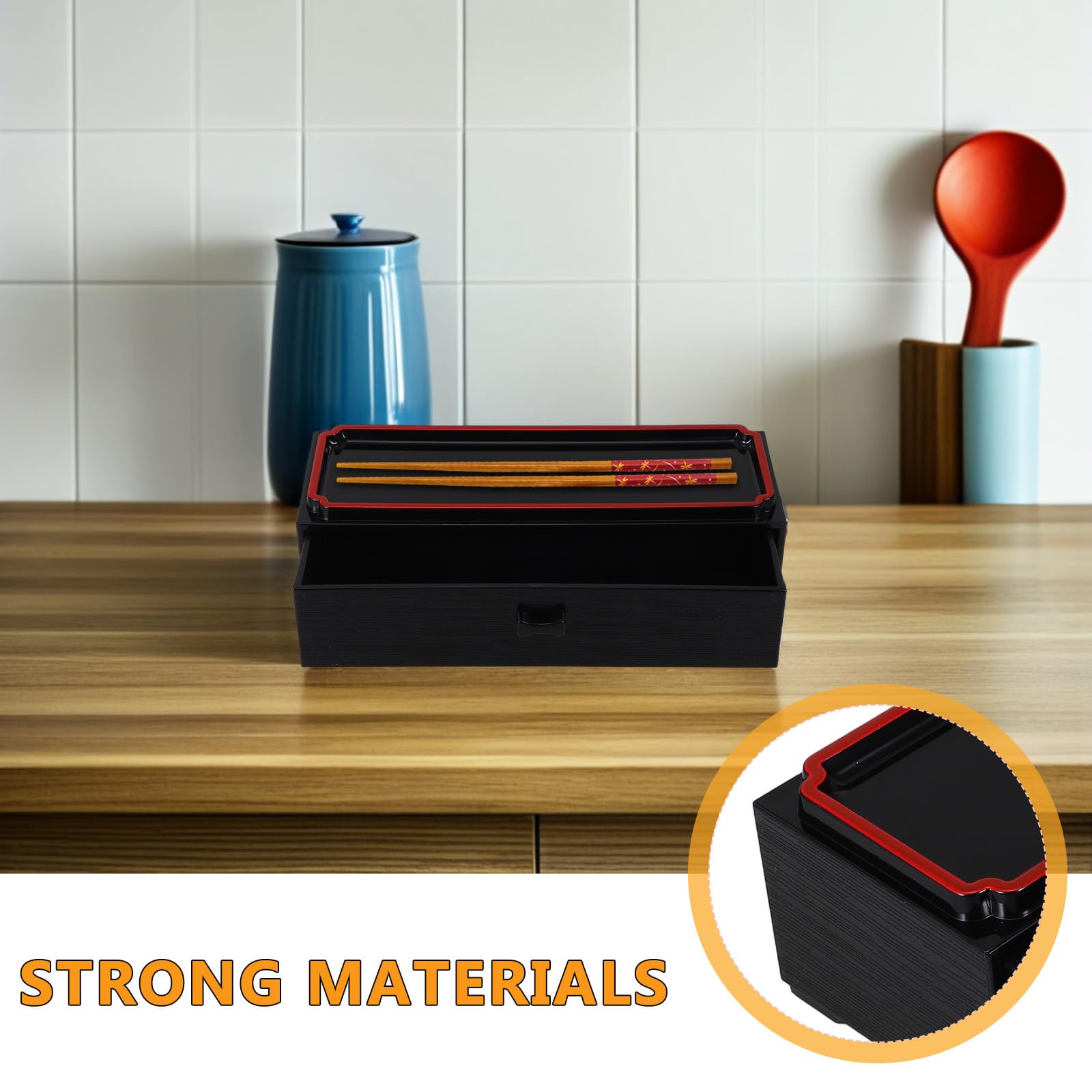 Caja de Almacenamiento de Palillos y Cubiertos Diseño Japonés, Madera Negra Vetas, Mecanismo Extraíble, 1 Pieza, Organizador para Cocina y Comedor, Porta Cubiertos Compacto