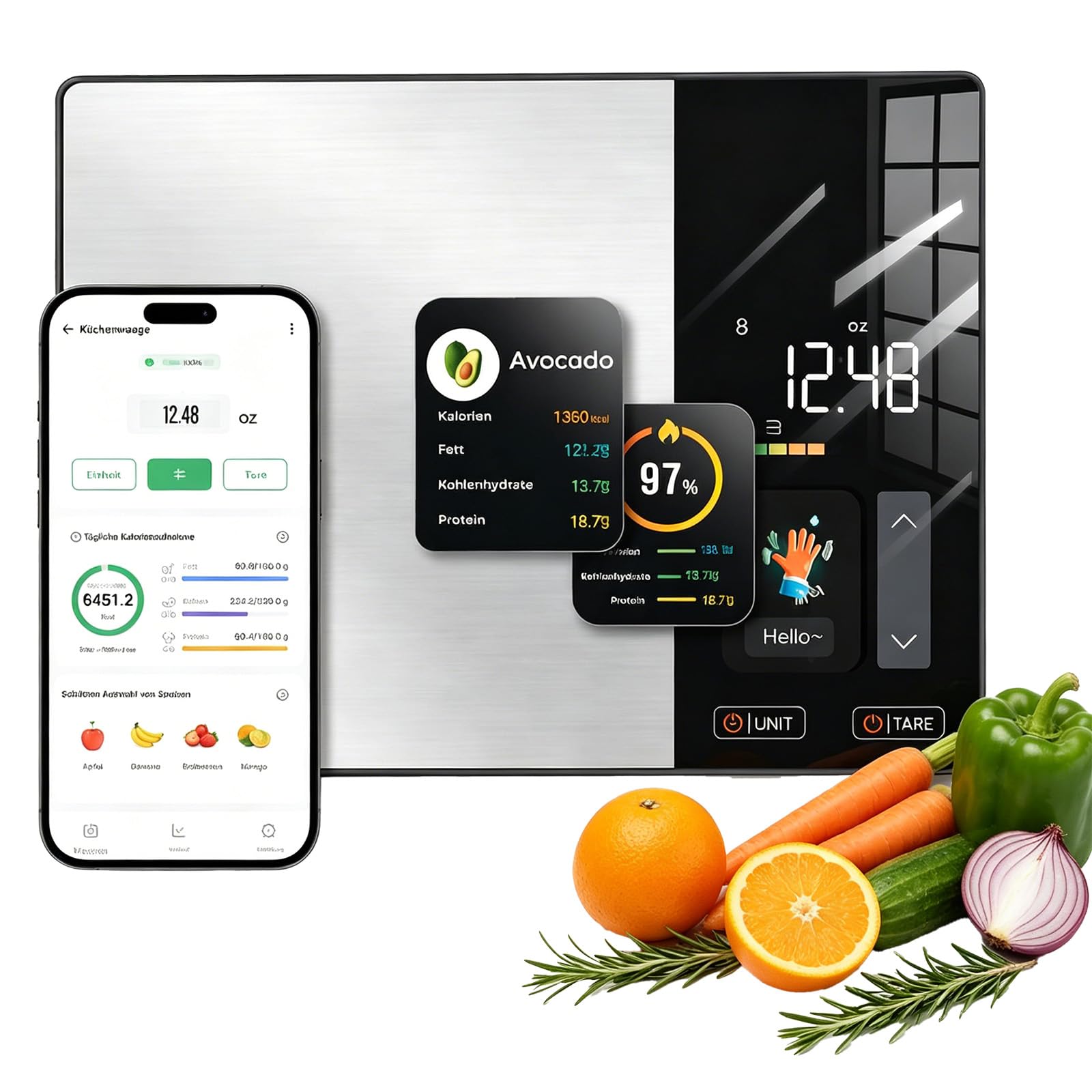 Smart Vita Küchenwaage, Smartvita Küchenwaage Kalorienwaage Hohe Präzision LCD-Display für Kochen Und Backen, Einfach Zu Reinigen Haushalt Und Profi