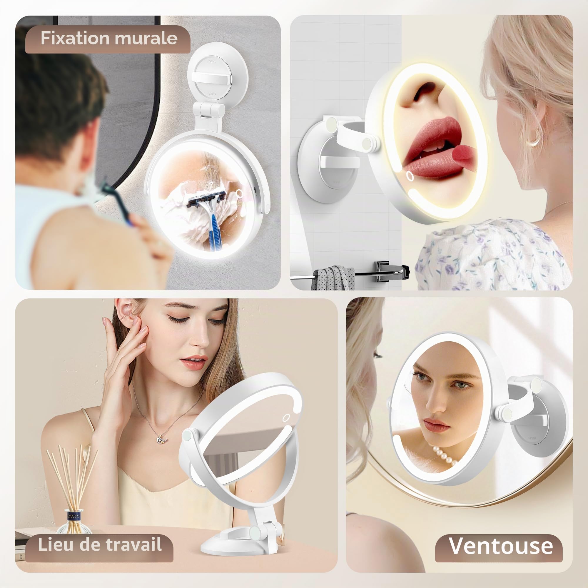 MOMOKUBA Miroir grossissant avec ventouse, double face avec éclairage, 3 modes, 30 compartiments
