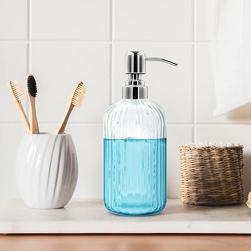 Miniatura 4 de Dispensador de jabón de vidrio de 18 onzas con bomba de acero inoxidable, botella de jabón líquido recargable de diseño moderno acanalado para baño,