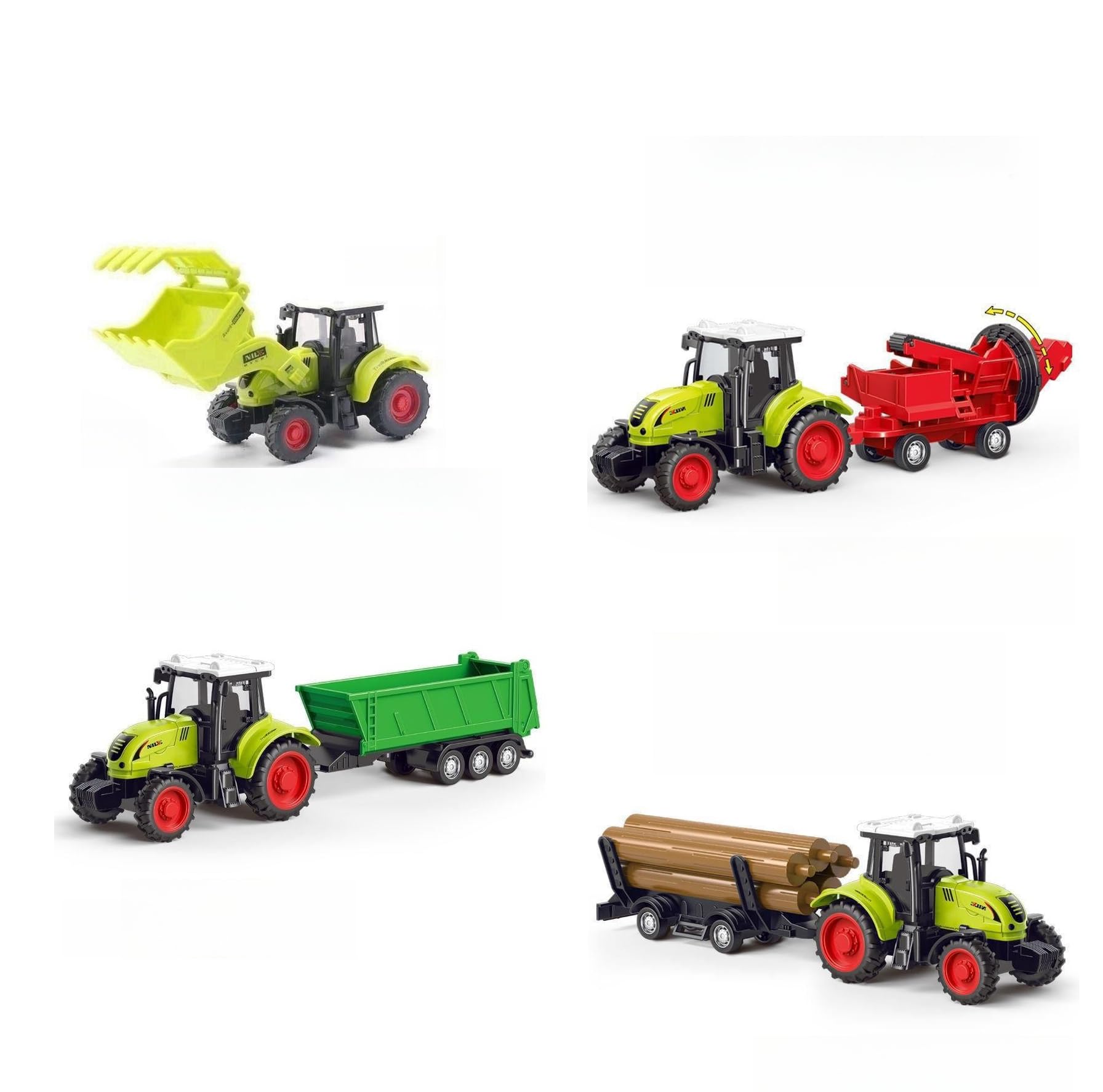 Ensemble de Jouets de la Ferme 1:55, 2 tracteurs à Friction, Un avec Chargeur Frontal et Pince à bûches + 3 remorques universelles + 5 Troncs d'arbre pour Les Enfants à partir de 1 an