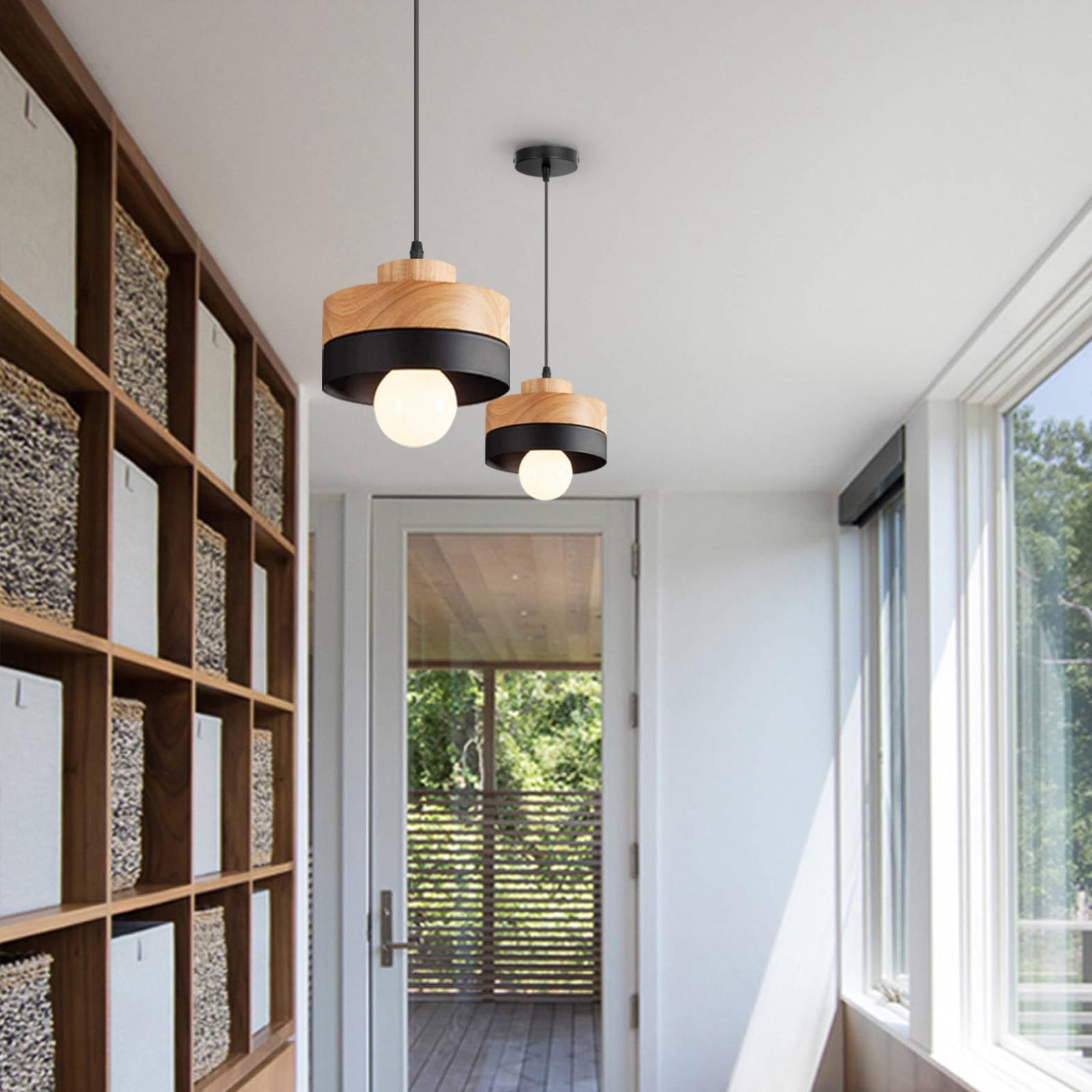 Suspension Luminaire Bois Ronde Rétro Plafonnier Design Vintage E27 Eclairage Intérieur Lumières Lustre Abat-jour Métal Moderne Lampe Suspension Art pour Salon Chambre Cuisine (Noir)