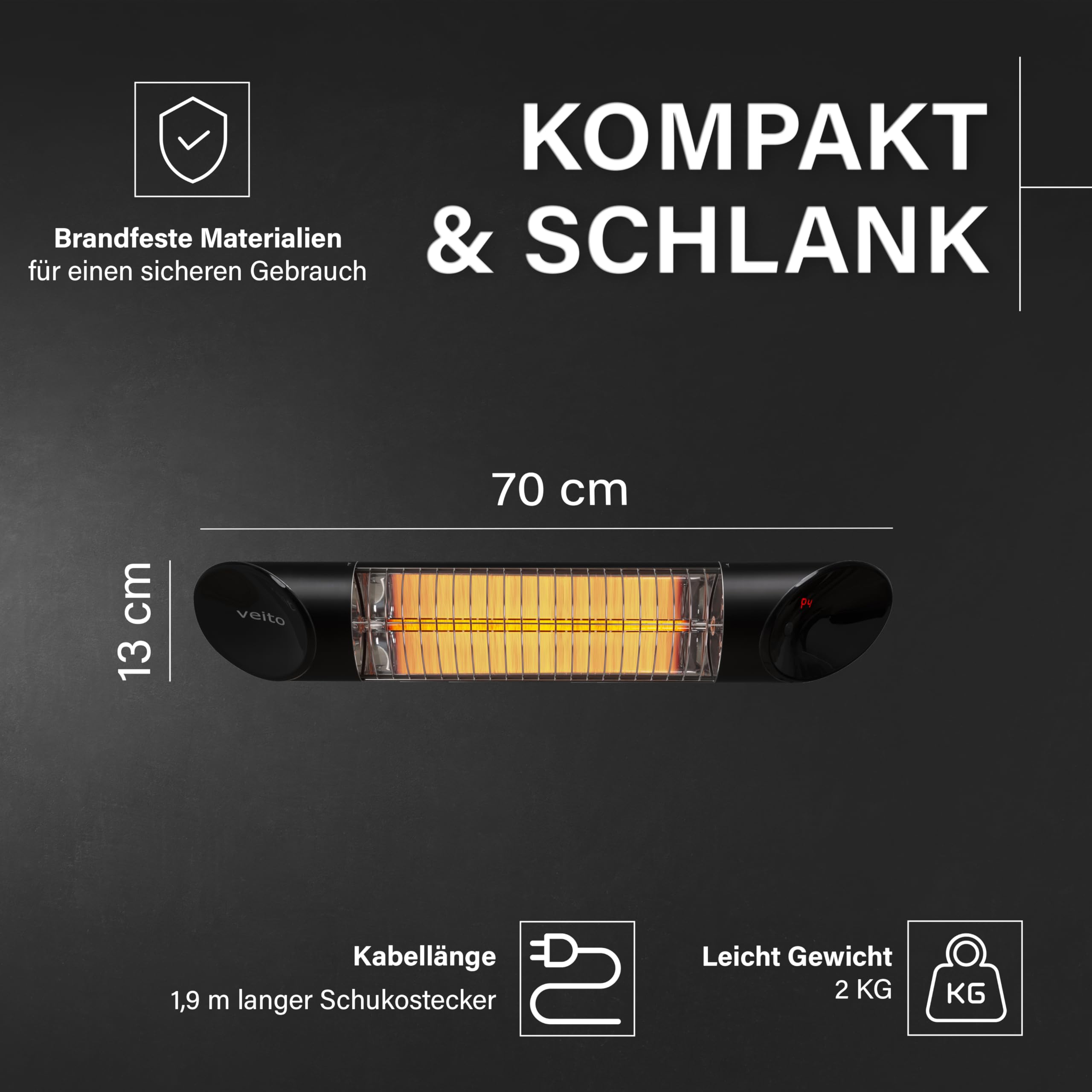 Veito Blade Mini Design infrarot Heizstrahler 1200 Watt Elektrisch, 4 Heizstufen mit Fernbedienung, IP55, Babystrahler.