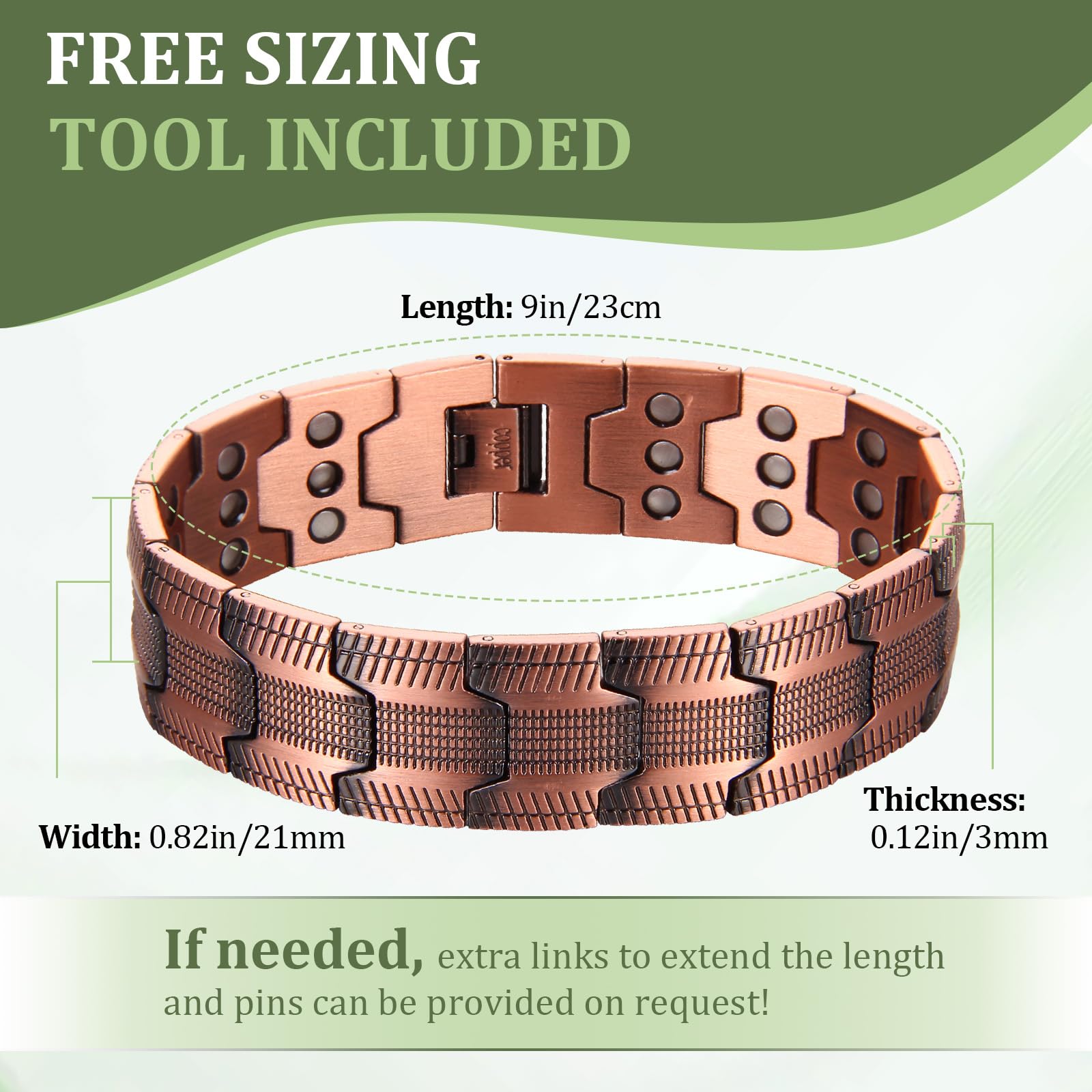 MagEnergy Bracelet Magnétique Cuivre 99,9% Homme, 3 Aimants Puissants, Ajustable avec Outil & Coffret Cadeau