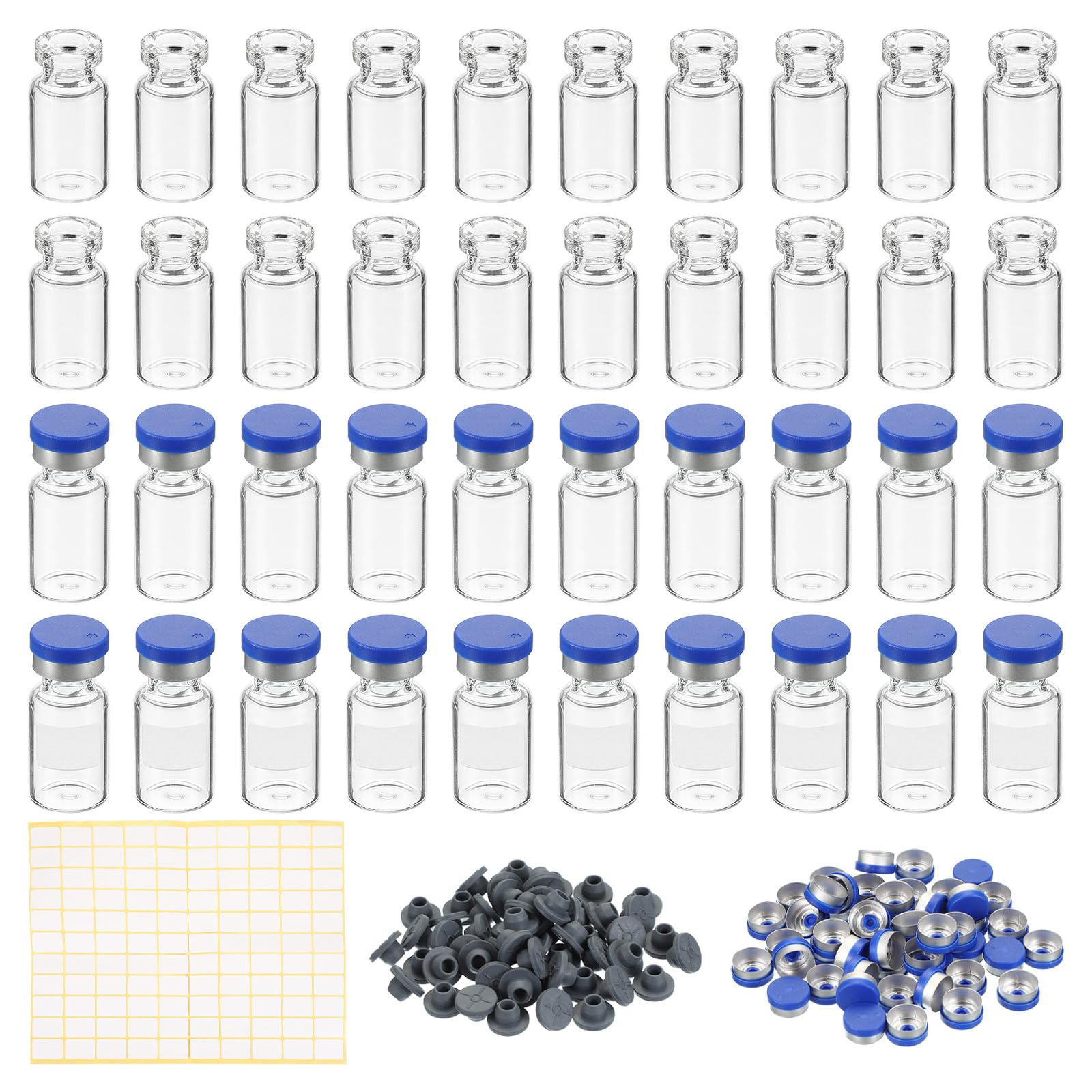PATIKIL 2ml Probengefäße, 100er Pack Lab Leere Vials mit Butylkautschukstopfen Crimp Top Caps und Etiketten Borosilikatglas Vial, Klar
