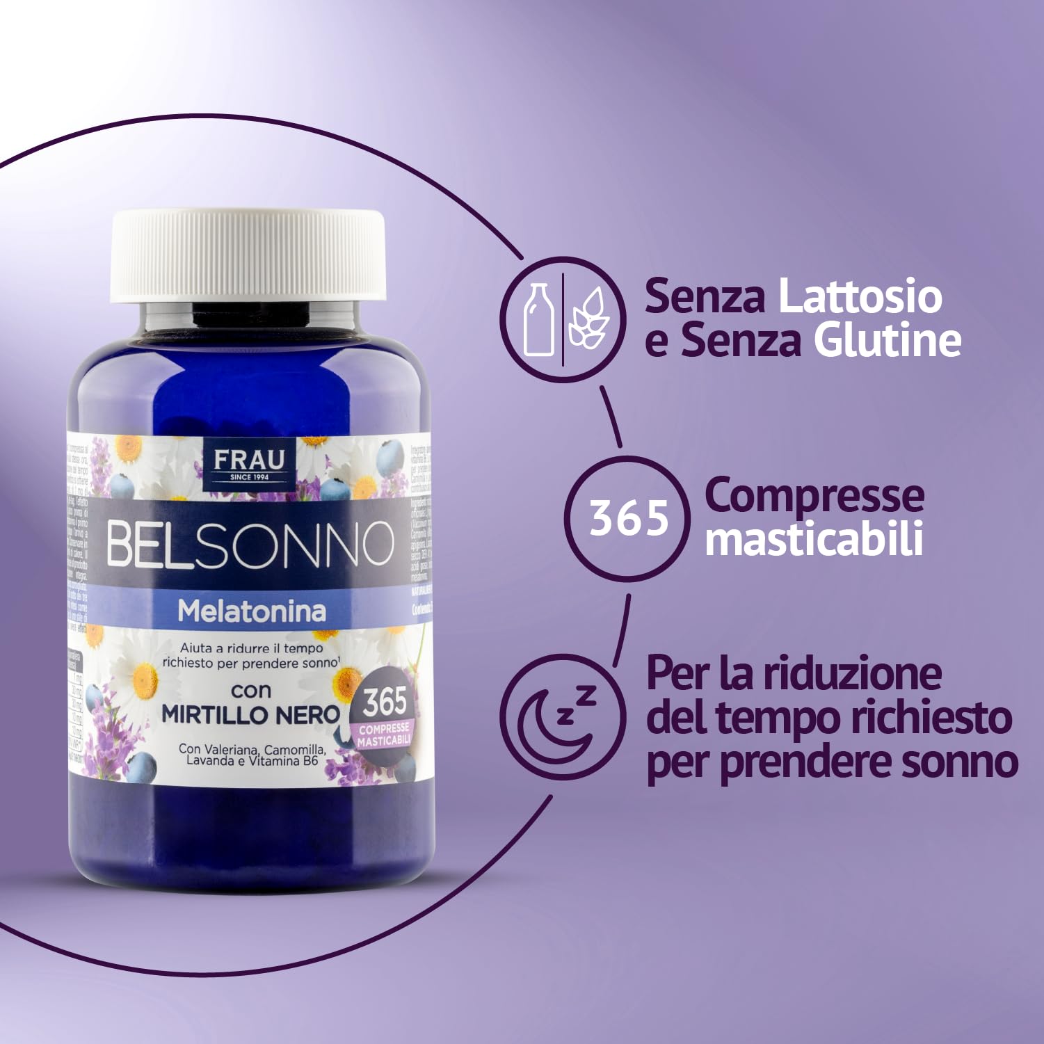 FRAU BEL SONNO Melatonina 365 Compresse Masticabili, Un Anno di Scorta, Integratore Alimentare per Favorire il Sonno con Valeriana, Camomilla, Lavanda e Vitamina B6, Gusto Mirtillo