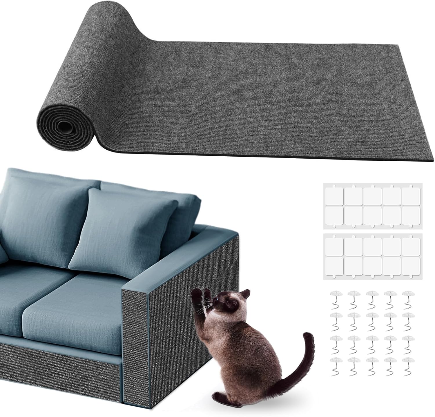 Cat Scratch Furniture Protector for Couch, Wall & Door Guard, Trimmable Self-Adhesive Scratch Pad, DIY Climbing Mat, Deterrent, Scratching Post Replacement (118''x15.8'', Gray)