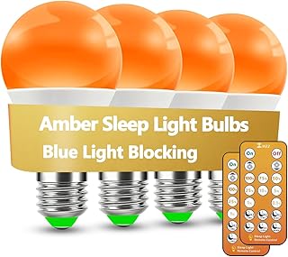 Amber Sleep Light Bulbs 1600K with Remote Control, E26 Blue Light Blocking A19, 9W for Sleep Therapy, Baby Nursery, Bedroom (4 Packs)