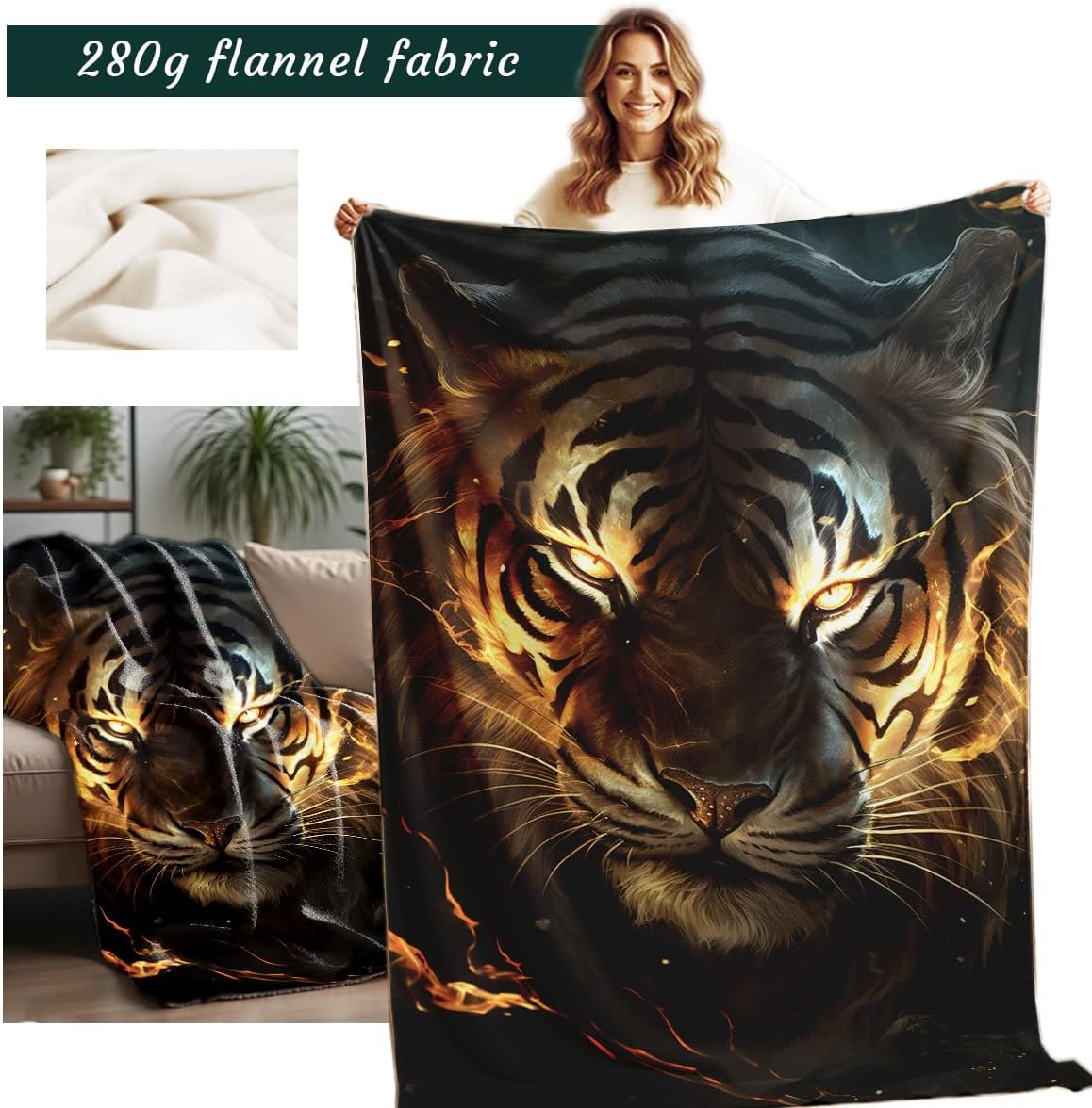 Printed Bed Blanket Black and Gold Animal Throw Tiger Flannel Blankets Queen Size Blankets for Men Boy Bed Sofa Office Chair Blanket (49"x59") - Image 2
