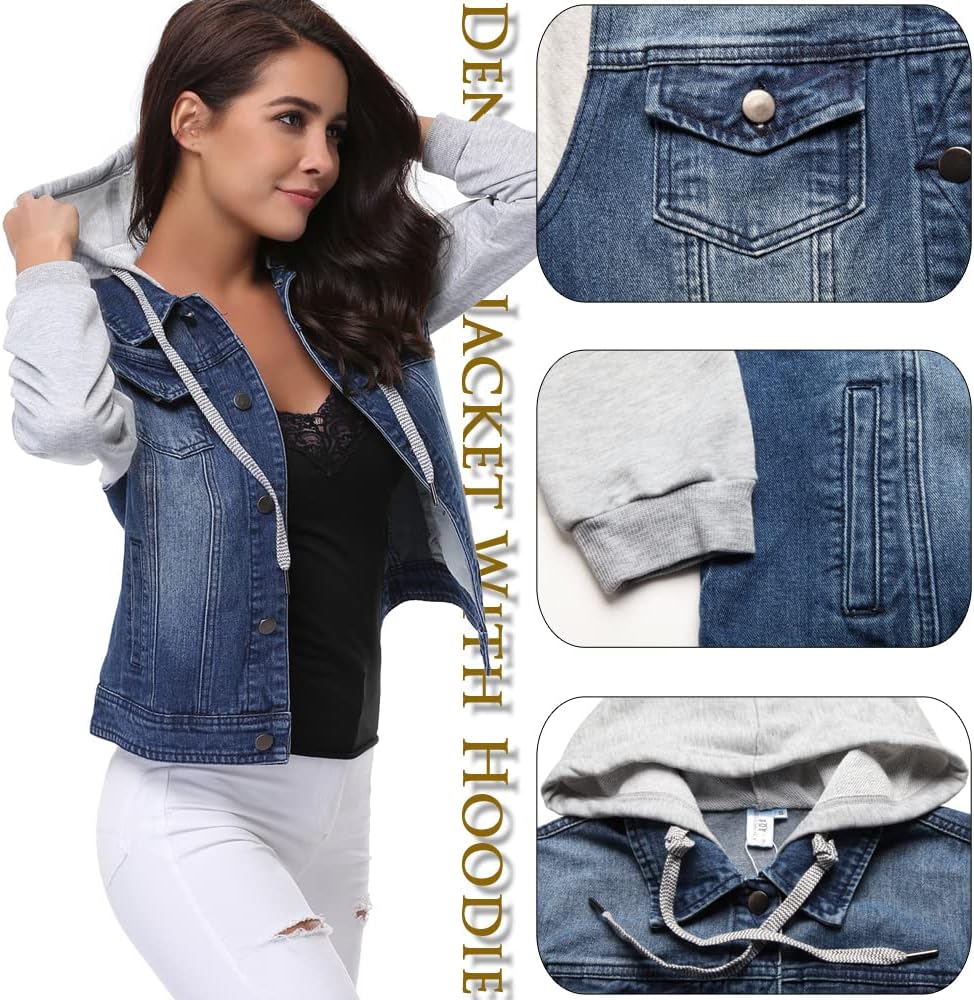 MISS MOLY Women's Layered Drawstring Casual Hoodie Denim Jackets Jean Jacket Coat w Pockets - Image 3