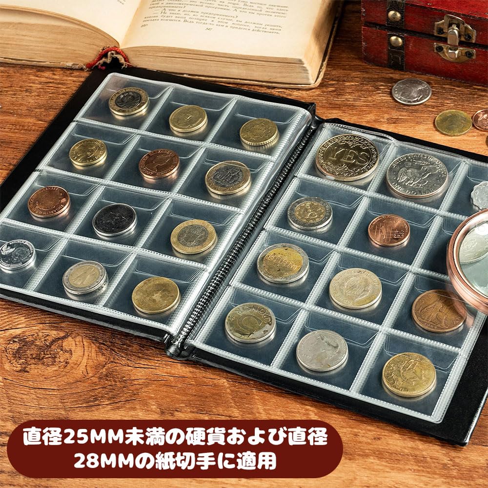 コインアルバム お金ポケット 120枚収納可能 ポケット サイズ3x3cm コインホルダー コレクション 古銭 メダル 貨幣 収納 （ブラック）