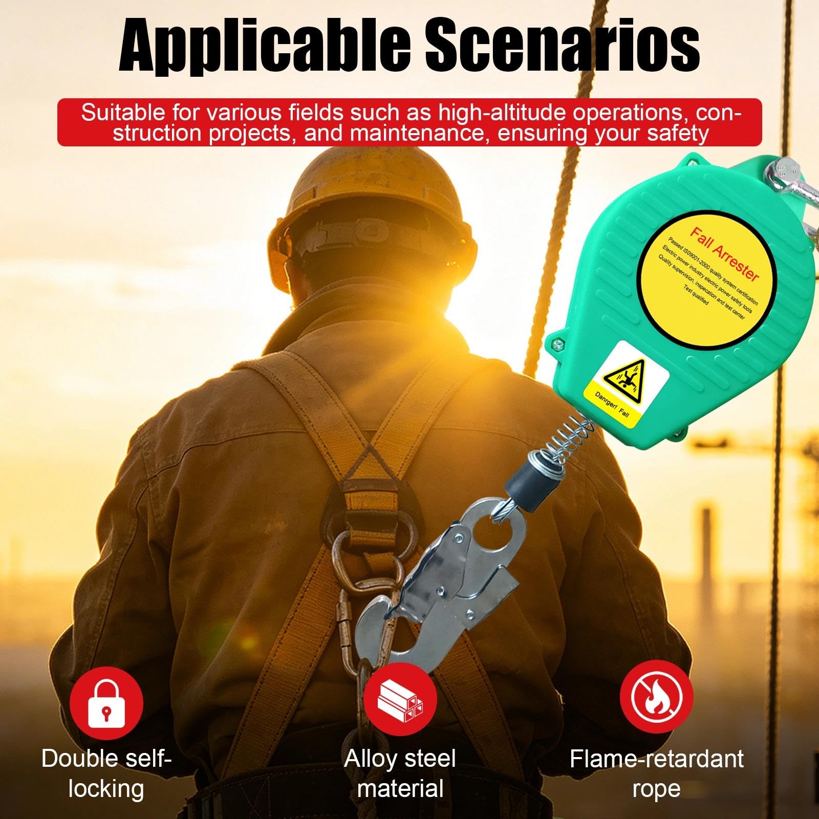 Arnés de Seguridad Trabajo en Altura, 3-20m Dispositivo Anticaida Retractil Homologado, 150kg Profesionales Dispositivo de Seguridad de Altura con Cancho Autoblocante(Verde,15m)