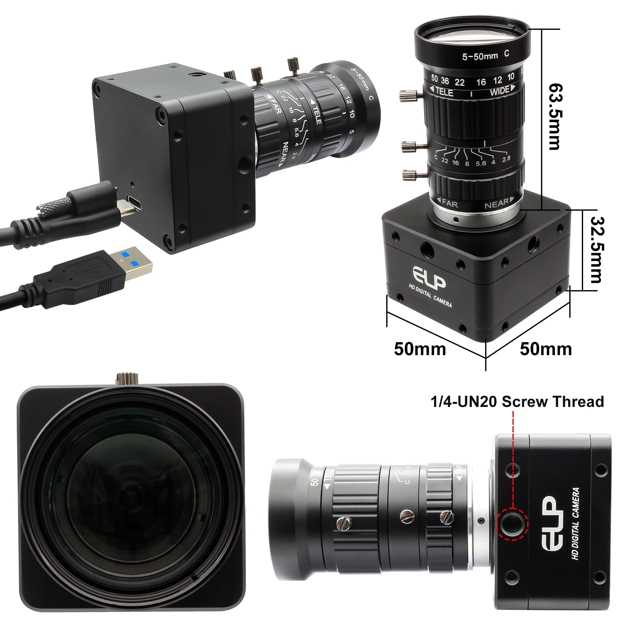 Svpro Webcam da 12 MP, USB 3.0, ad alta velocità, 1080p/230fps, 4K/60fps, messa a fuoco manuale, con obiettivo zoom da 5-50 mm, fotocamera UVC per Windows, Linux, Mac, Android