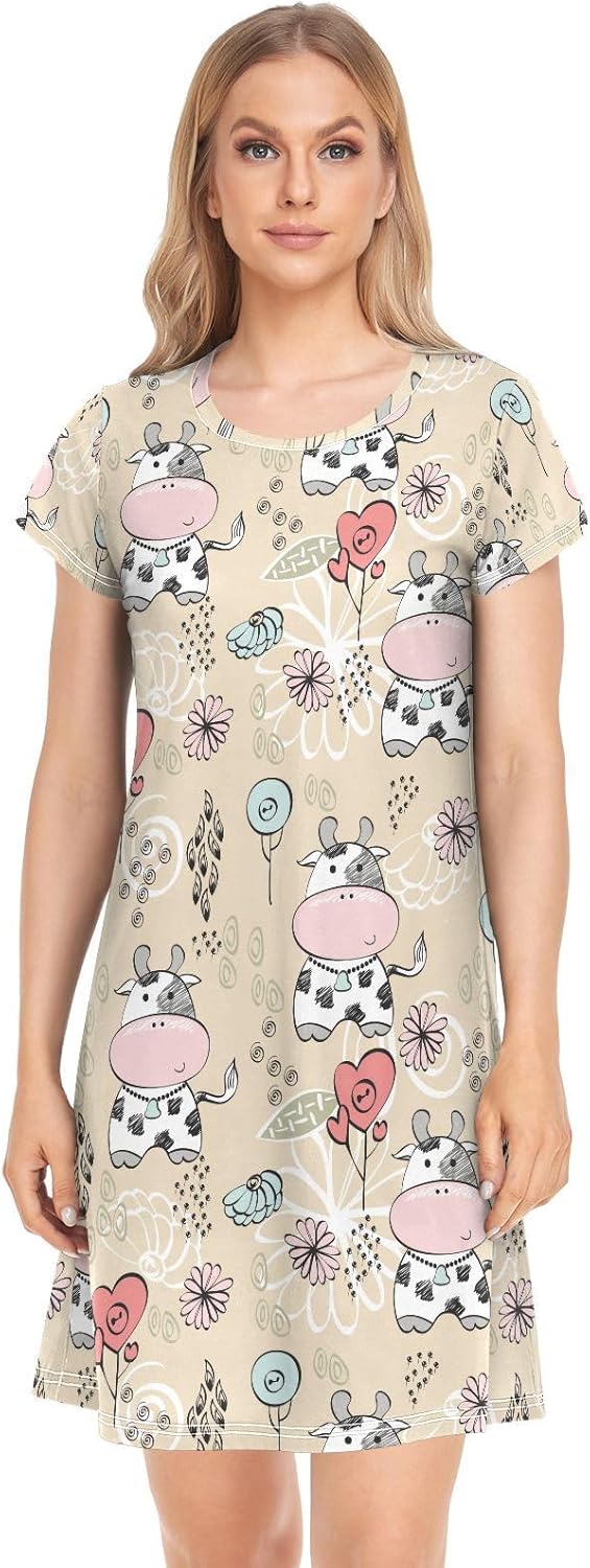 vvfelixl Women's Nightgown Sleepwear Cows Flowers Short Sleeves Pajama Sleepdress Nightgowns & Sleepshirts for Women XL - Image 2