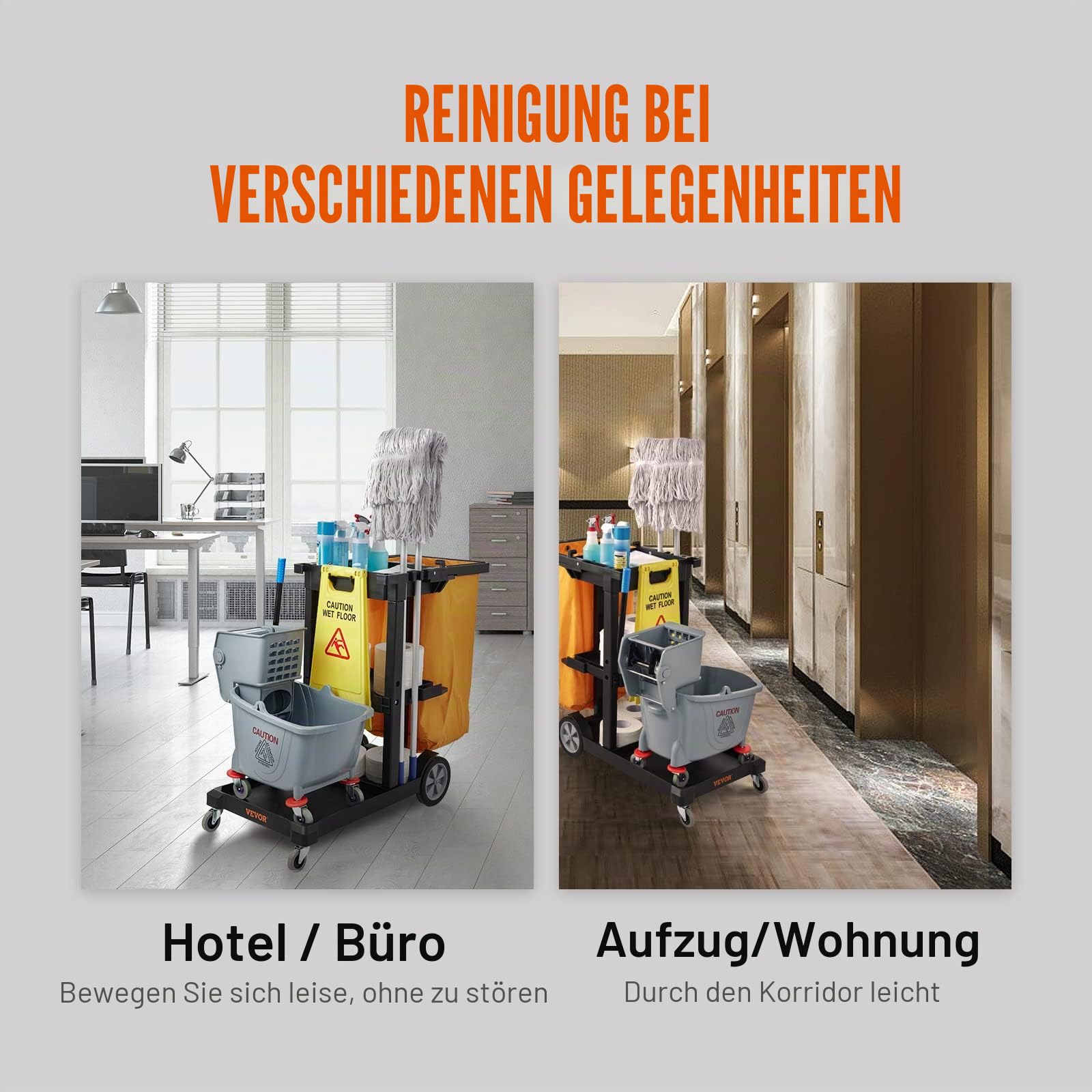 VEVOR Reinigungswagen Putzwagen 3 Fächer 90,7 kg Tragfähigkeit Schwarz PP inkl. PVC-Müllsack & Handschuhe