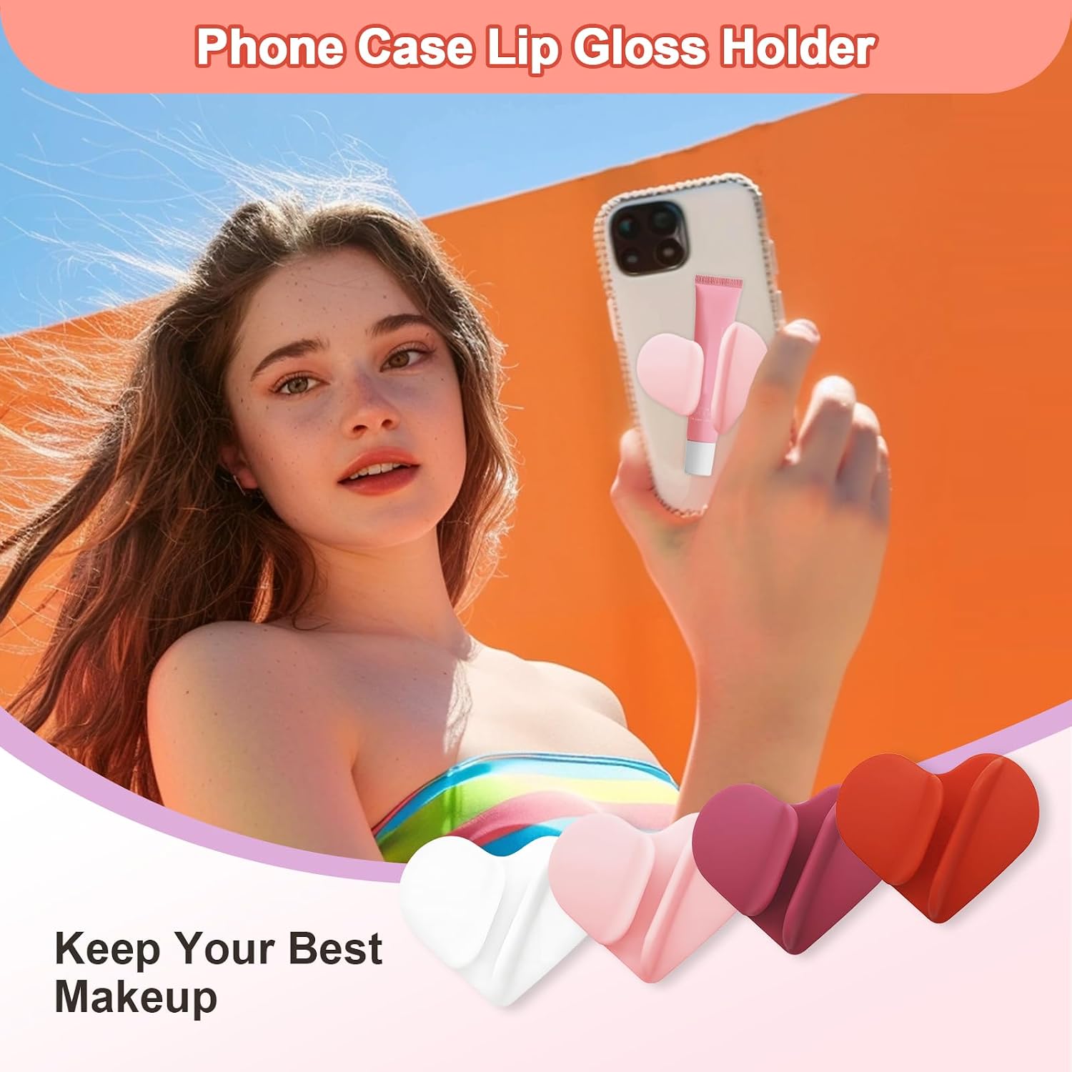 Lip Gloss Holder Phone Case,2026 New Model, Heart Shaped Gloss Bracket,Protective Lip Gloss Case with Adhesive Holder for Most Phone Models (Pink)