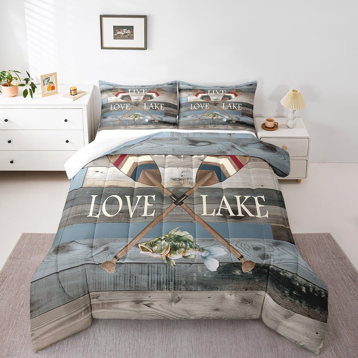 Erosebridal Lake Life Comforter Set Queen Lake Paddle Pike Fish Bedding Set,Boat Blade Oar Quilt Retro Lake Cabin Decor,Country Grey Wood Board Lake House Decor for The Home Rustic Farmhouse Decor