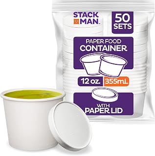 [12 oz. - 50 Sets] Paper Food Container with Lid, Insulated Paper Food Cup with Paper Vented Lid, Hot or Cold to Go Containers, Soup Container, Ice Cream Cup, Yogurt Cup, Eco-Friendly White Container
