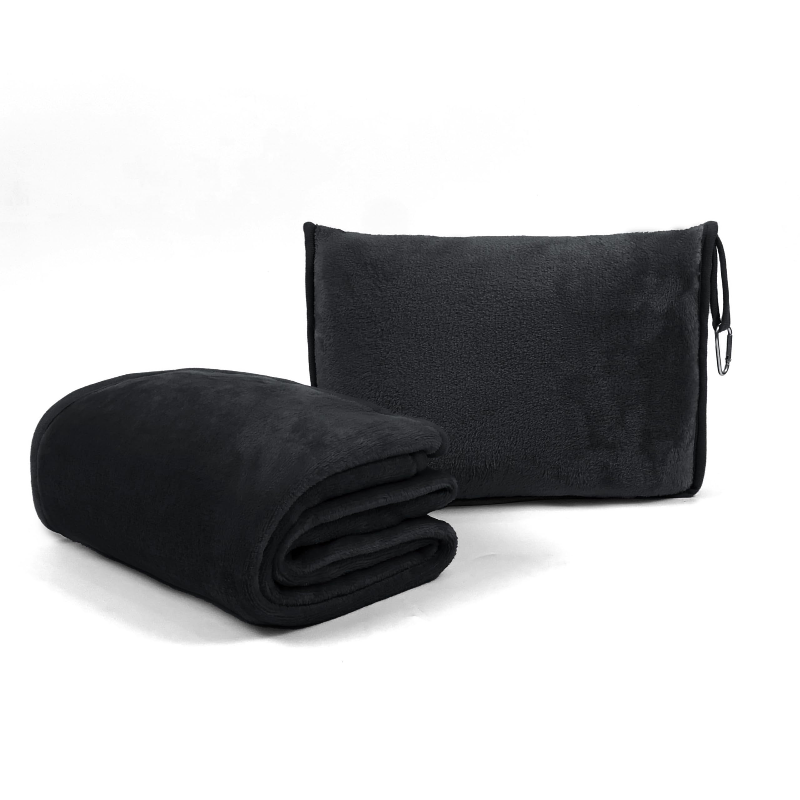 ShezPretty Premium 2in1 Soft Travel Blanket Pillow with Airline Hand Luggage Sleeve and Backpack Clip Airplane (Black)