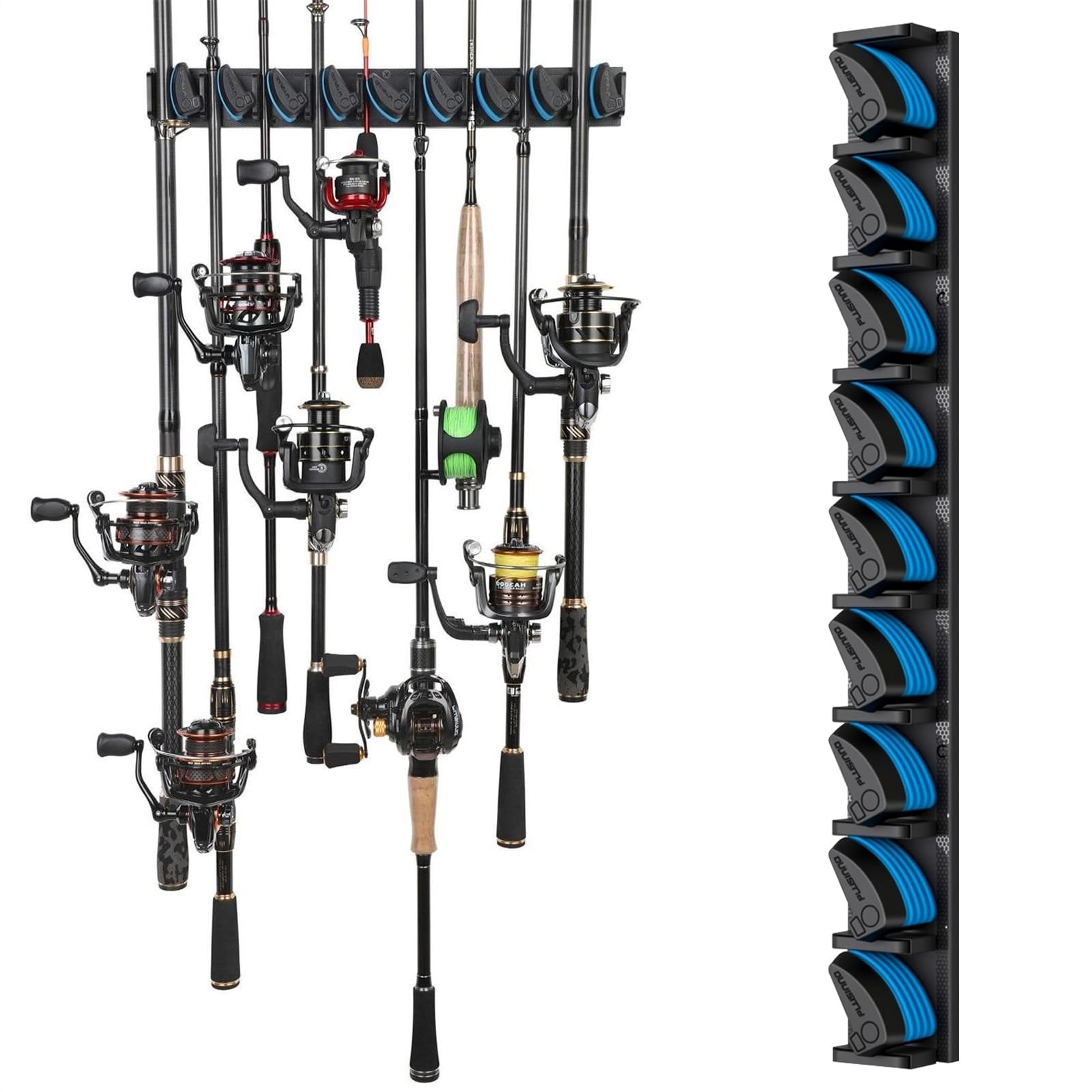 HapSmile Fishing Rod Holders Wall-Mounted, Vertical Fishing Pole Holder with 9 Rods, Horizontal Wall Rod Mounts with Screws Suitable for Garage or Home Fishing Rod Storage