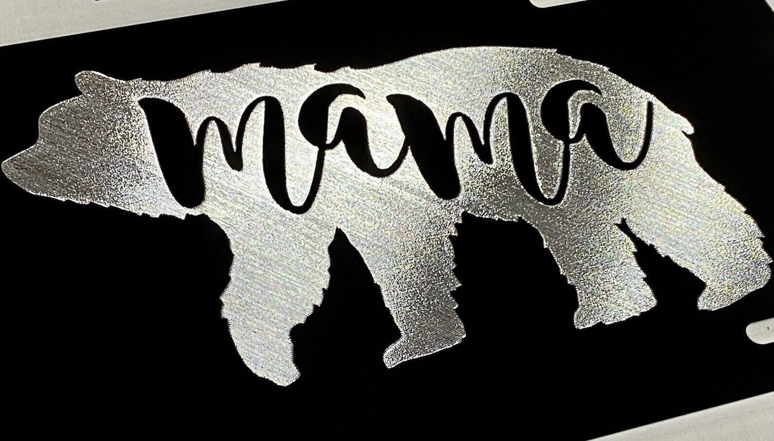 Mama Bear 2 Logo Car Tag Diamond Etched on Black Aluminum License Plate