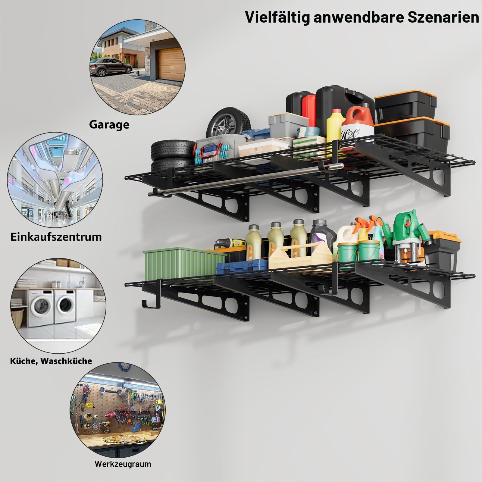 Garagenregal 2er-Set, 61 x 183 cm Werkzeugaufbewahrung Wandregale aus Metall, 370 kg pro Schicht, Werkzeughalter Wand mit Haken, Aufbewahrungsregale Regale für Garagenlagerung, Geschäft, Schuppen