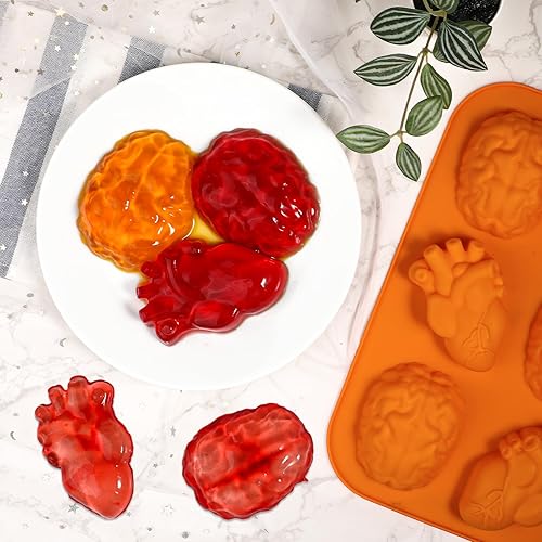 Miniatura 2 de Kamehame Molde para pastel de cerebro y corazón, 2 piezas de moldes de gelatina de silicona, moldes de simulación de Halloween para magdalenas