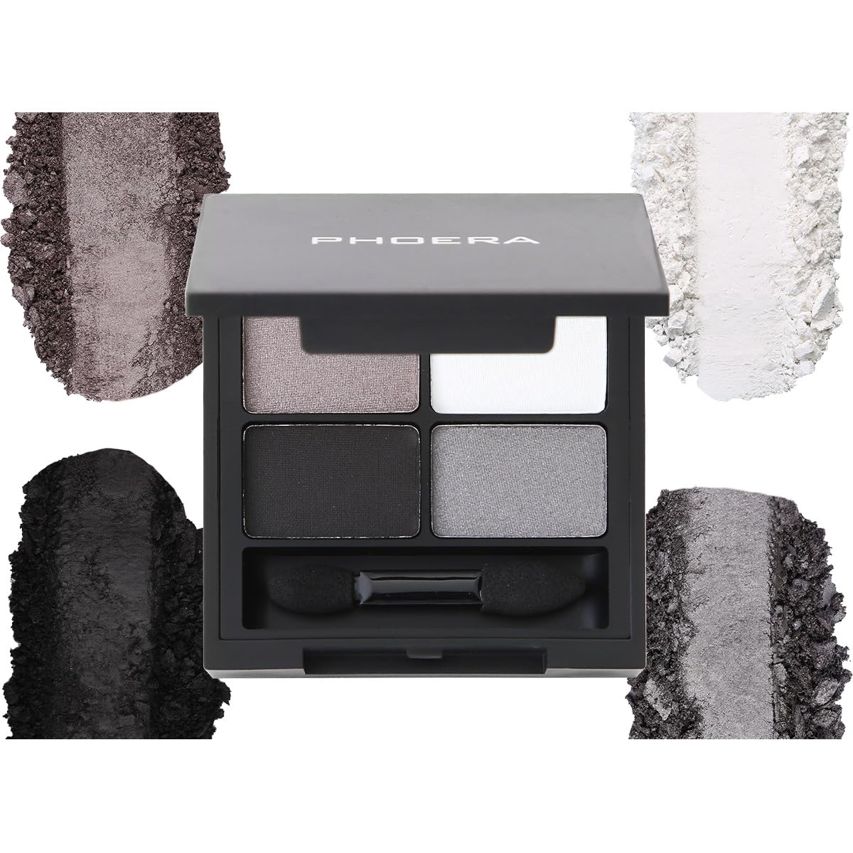 PHOERA 4-in-1 Ultimate Shadow Palette, 4 Pigmented Smokey Shades Gunmetal, White