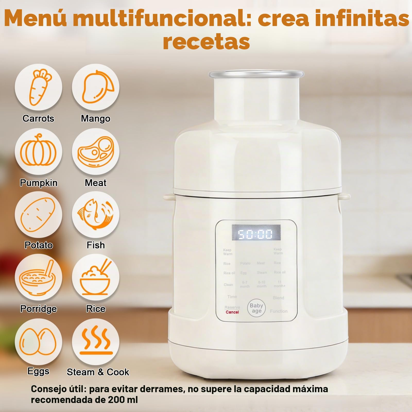 Preparador de bebés 500W – Todo en uno: cocina al vapor, tritura, calienta con temporizador – Purés desde 4 meses – Pantalla táctil, programas auto, autolimpieza – Acero inoxidable