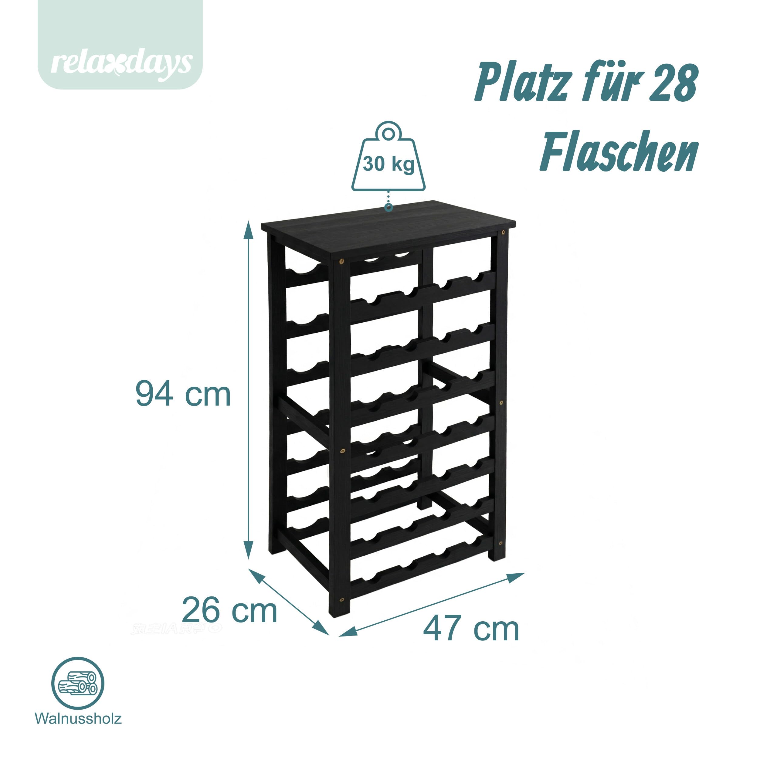 Relaxdays Weinregal, 28 Flaschen, Walnussholz, HBT 94x47x26 cm, Weinhalter für Rot- & Weißwein, Flaschenregal, schwarz