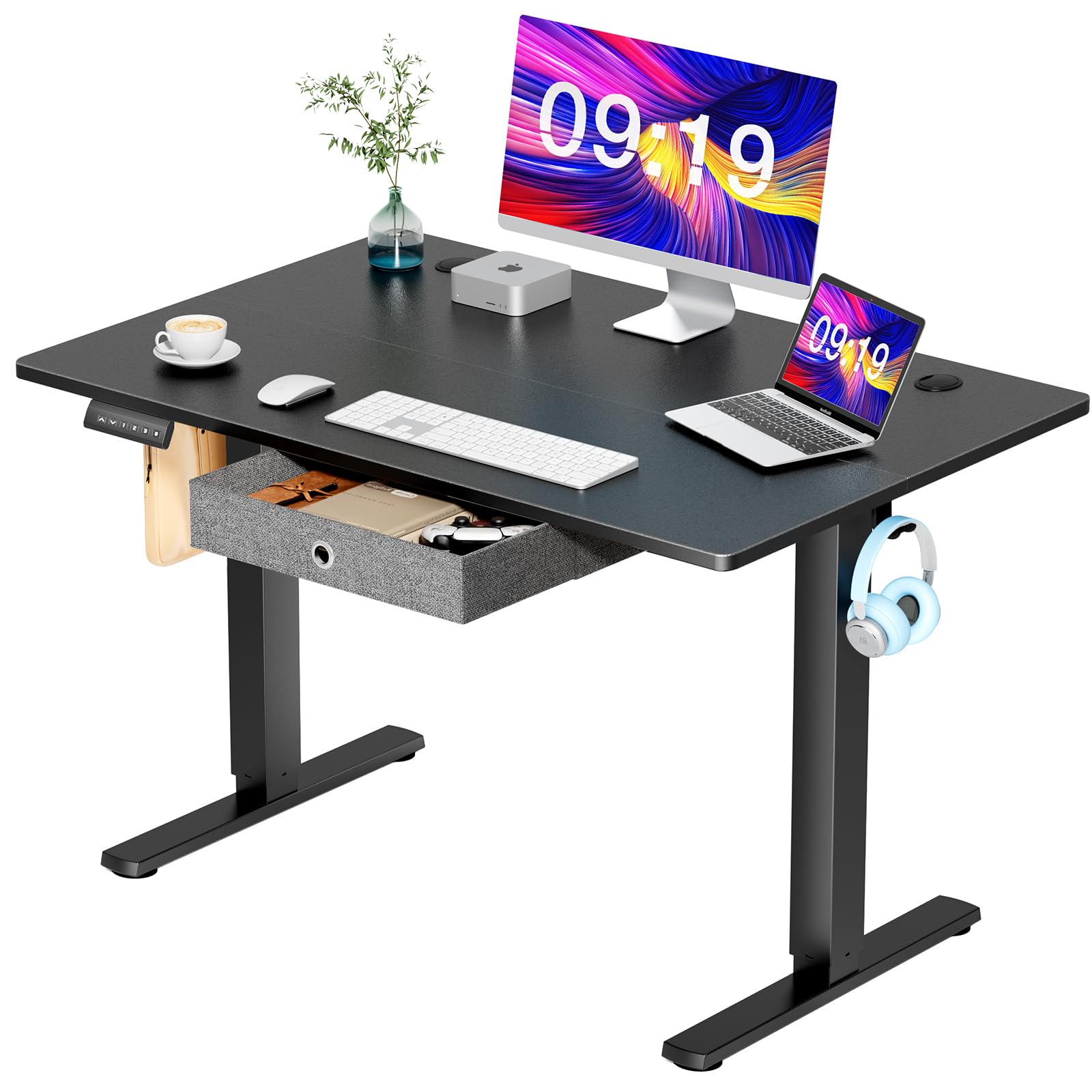SMUG, 48 x 24 in Electric Height Adjustable Home Office Sit Stand up Desk Computer Table with Memory Controller/Headphone Hook, 48"-Drawer, Black