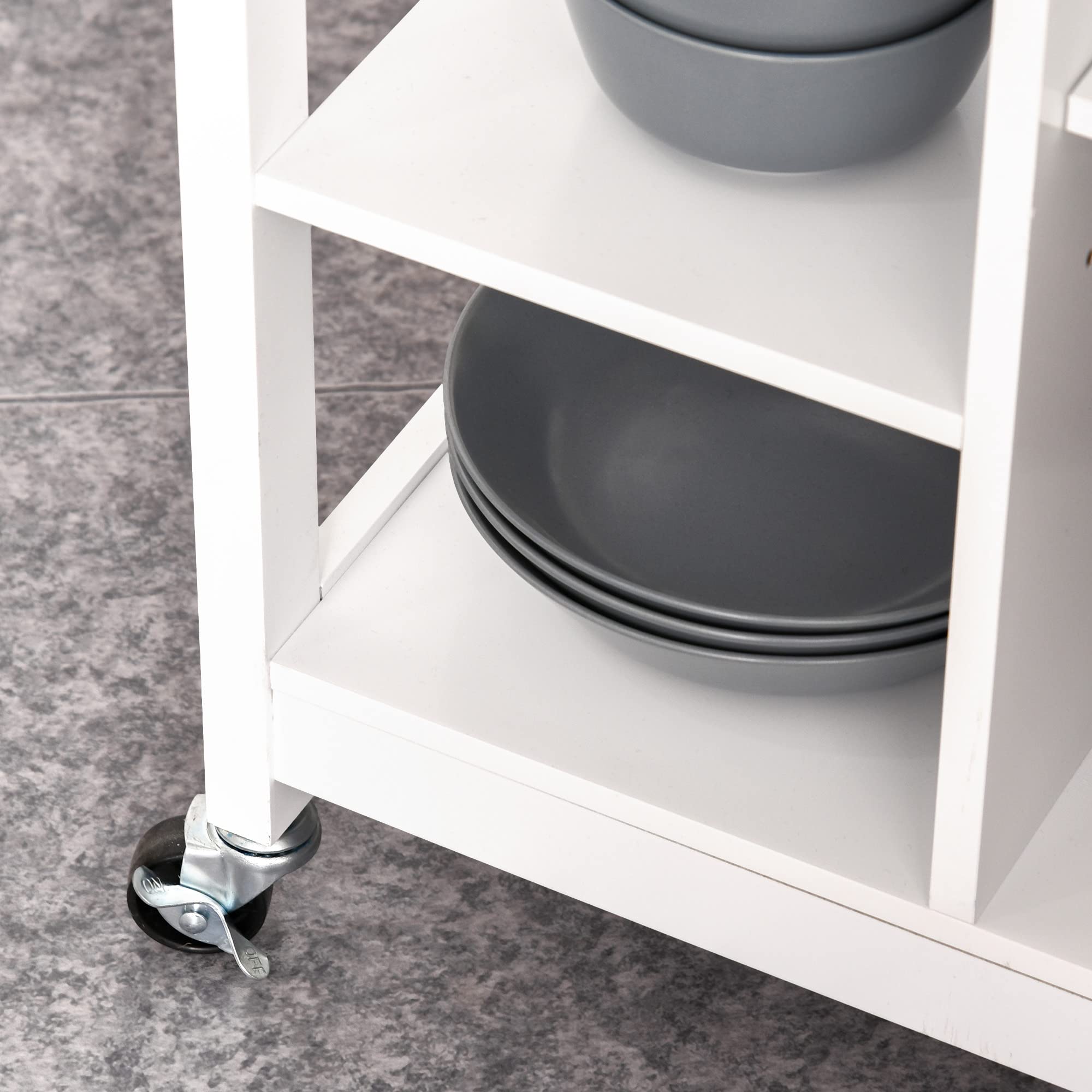 HOMCOM Carrello da Cucina Salvaspazio in MDF con Piano di Lavoro in Legno di Gomma, Cassetto, Armadietto, 3 Mensole, Ripiani Regolabili, Porta Strofinacci e Ruote Girevole, 66x39.5x86.5cm, Bianco