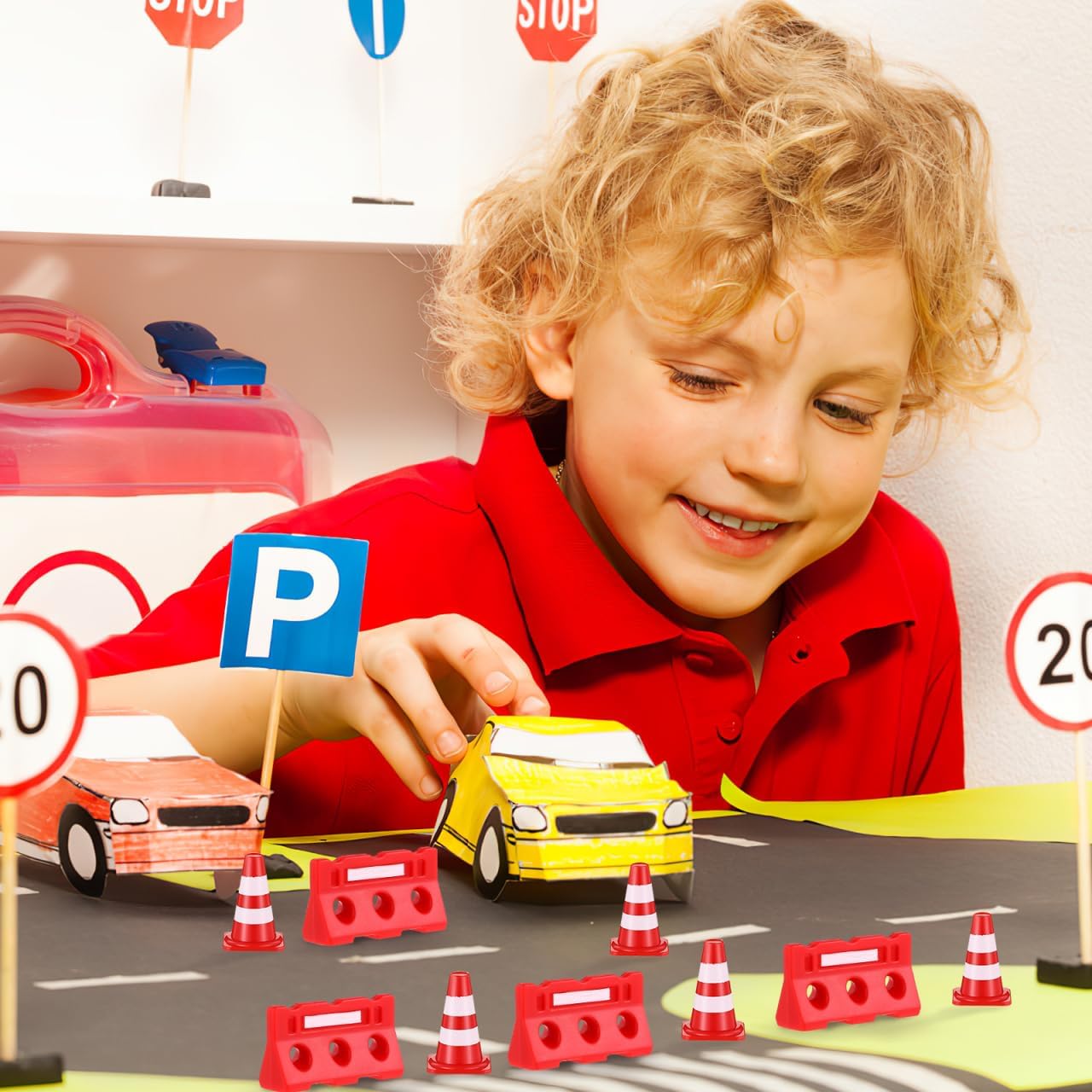 NUOBESTY 24Pcs Mini Traffic Cones and Roadblocks Set, Marker Cones with Mini Barricades Toy Car Track Accessories for Model City, Sports Training, Construction Party Favors (Red)