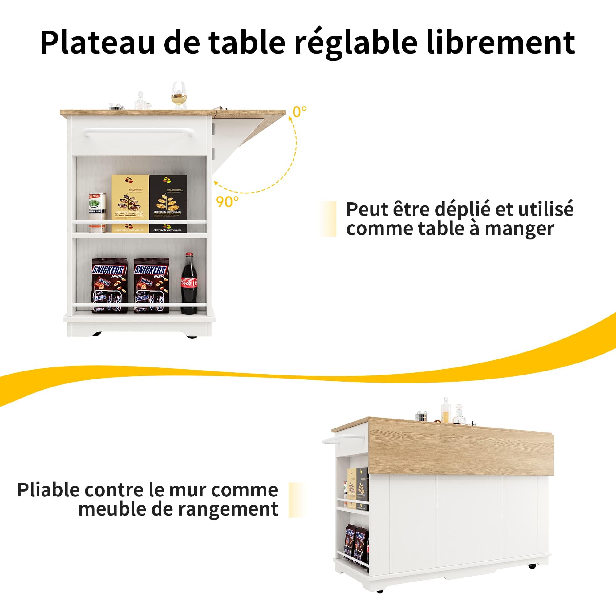 Sweiko Meuble de Cuisine Multifonction avec Tiroirs, Armoire de Rangement Design Contemporain, Table Pliante en Bois Densité, Buffet de Rangement pour Cuisine et Salon (Blanc+Bois)