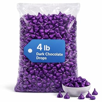 Dark Chocolate Drop Candy 4 lb Bulk Bag Individually Wrapped Purple Foil Dark Chocolate Drops Bite Size Chocolate Candy for Parties & Candy Bowls
