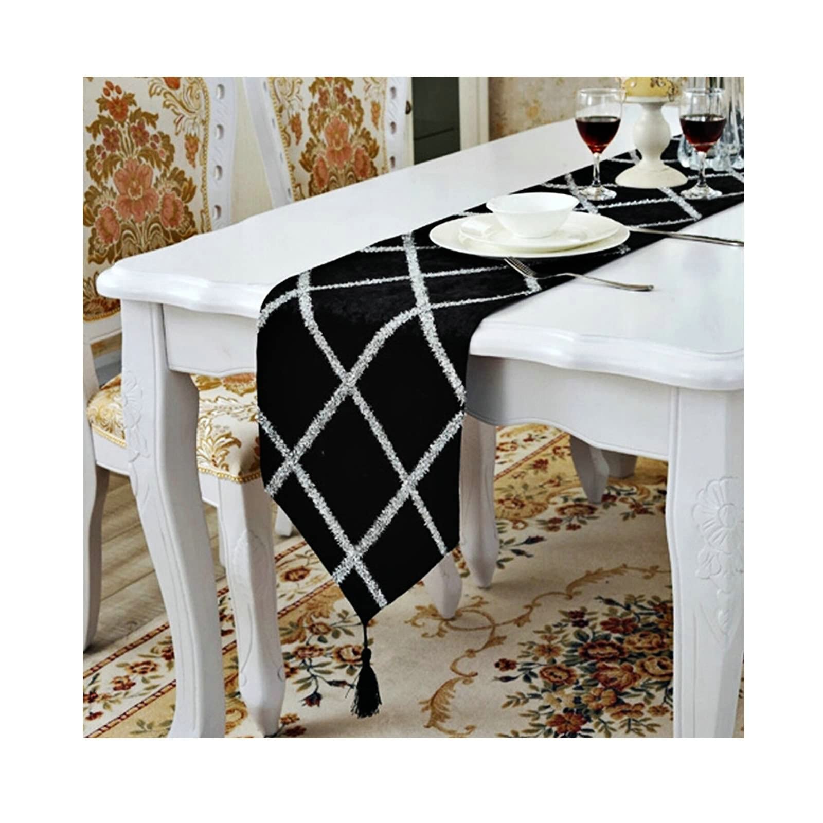 Chemin de table flanelle avec motif diamant noir, l'excellence décorative WXKAGF - 4