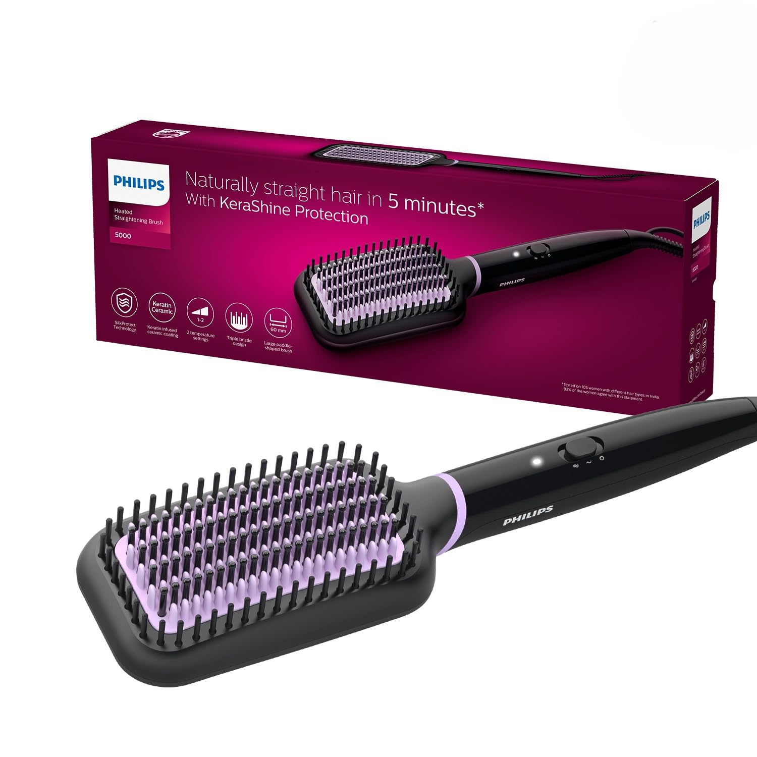 PHILIPS Hair Straightener Brush | 5X Better Frizz Free Hair In 5Min I Style With 2X More Volume | Shiny And Smooth Hair I No Scalp Burns I Keratin Bristles I 2 Temperature Settings | BHH880/10 | Black