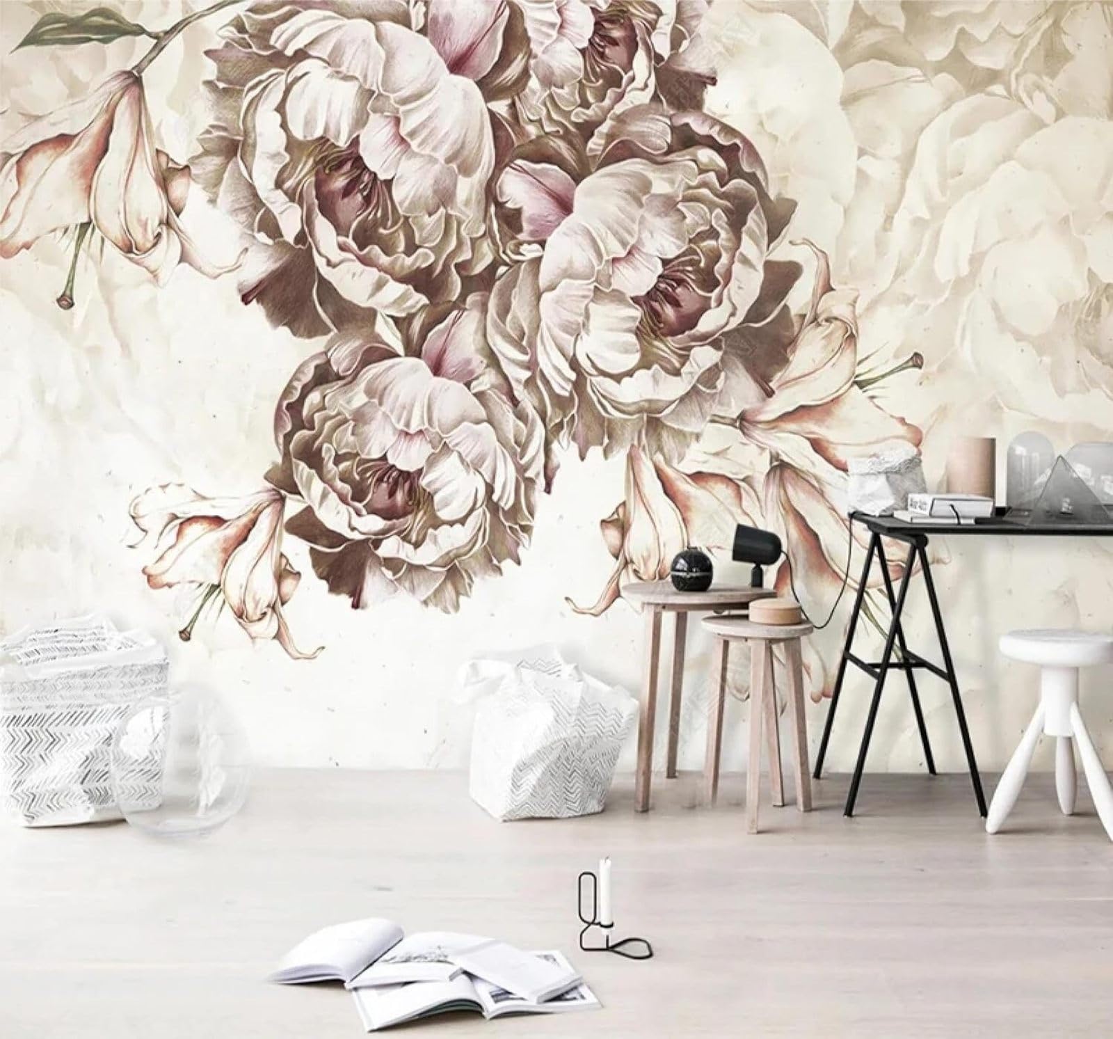 Tzxztt Retro Three Dimensional Hand Drawn Roses Art Modern 3D Wallpaper Premium Textured Silk Neutral Tones Material Ideal for Living Room Bedroom-250cm×170cm