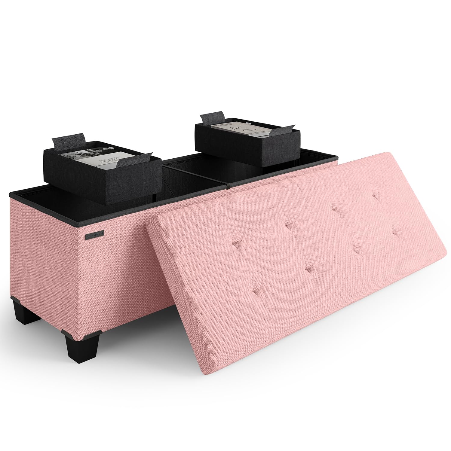Storage Ottoman Bench with Bins, 43-in Storage Bench for Bedroom End of Bed, Folding Foot Rest Ottoman for Living Room Max 660lbs, Fabric Ottomans, Pink