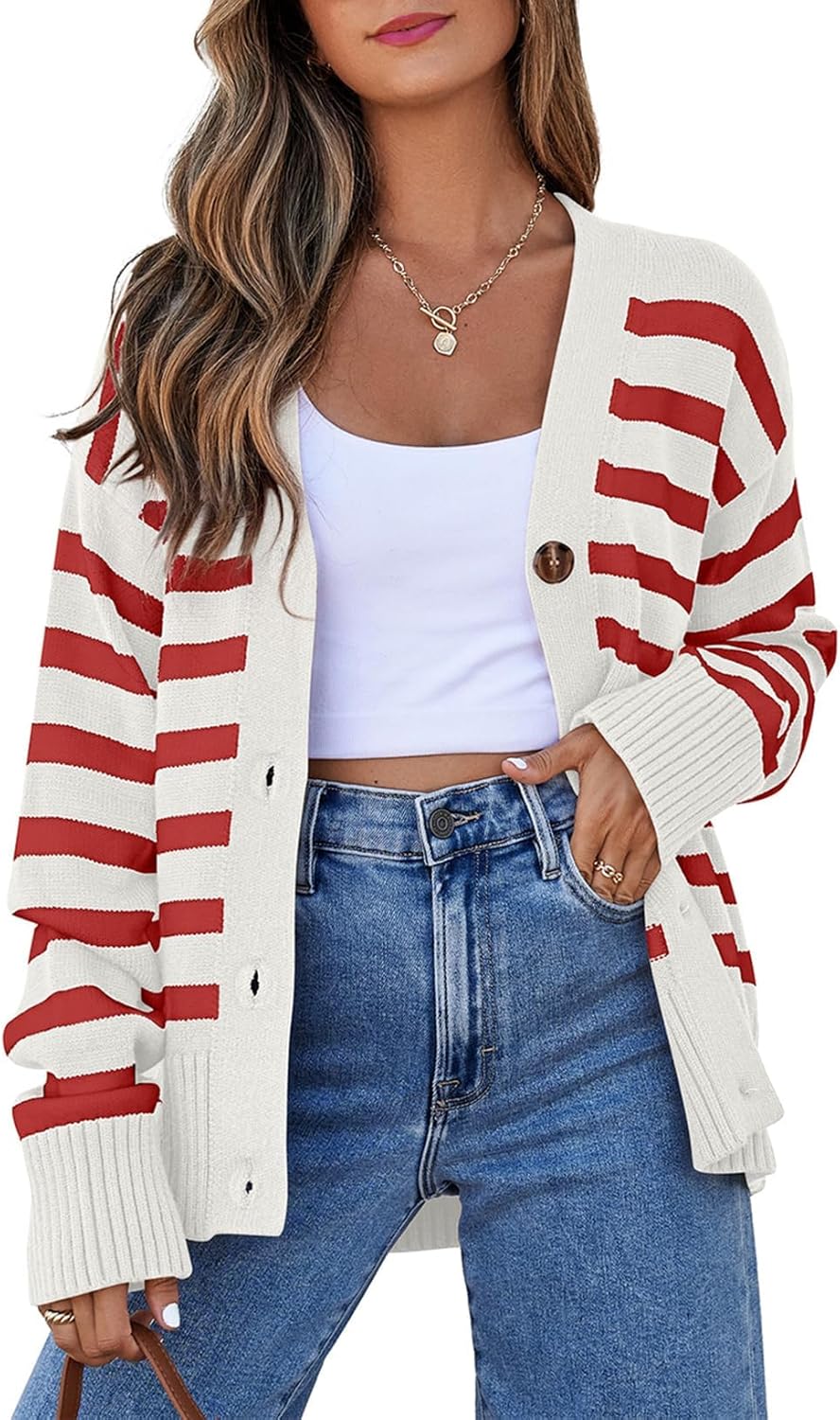 EVALESS Womens Striped Cardigan Sweaters Long Sleeve V Neck Lightweight Open Front Button Down Knit Cardigans