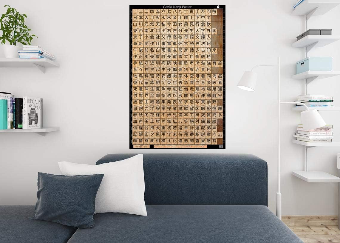 Genki Kanji Poster Japanese Language Learning Poster (24"x36") - Learn over 300 Characters of the Japanese Alphabet, Large Matte Laminated Print Wall Art (Non-Glossy Museum-Grade Laminate)