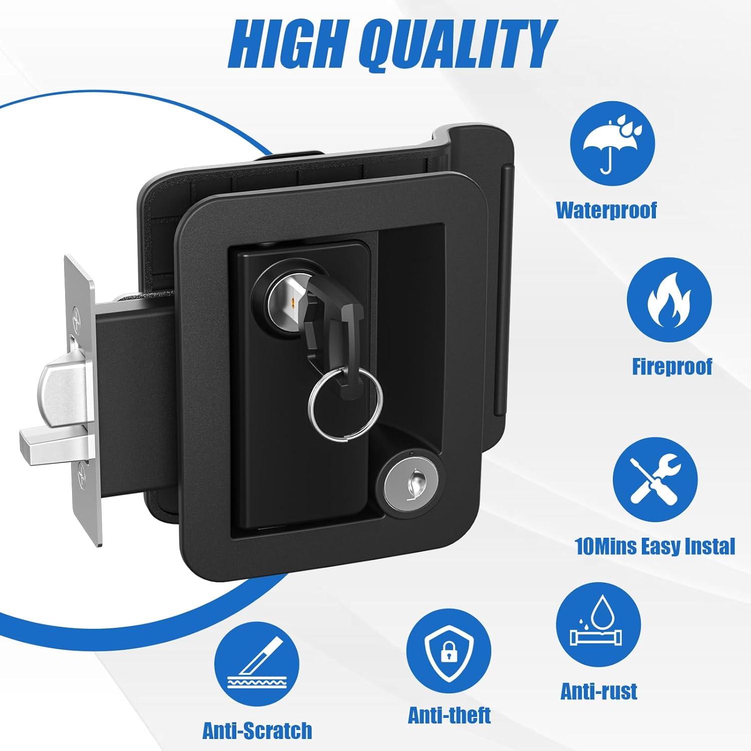 Upgraded RV Door Lock Replacement, Black RV Door Latch with Paddle Deadbolt, Fit 3.55" x 2.68" Lock Hole, Black Nylon Material Door Lock with 2 Keys for Cargo Hauler Travel Trailer thumbnail